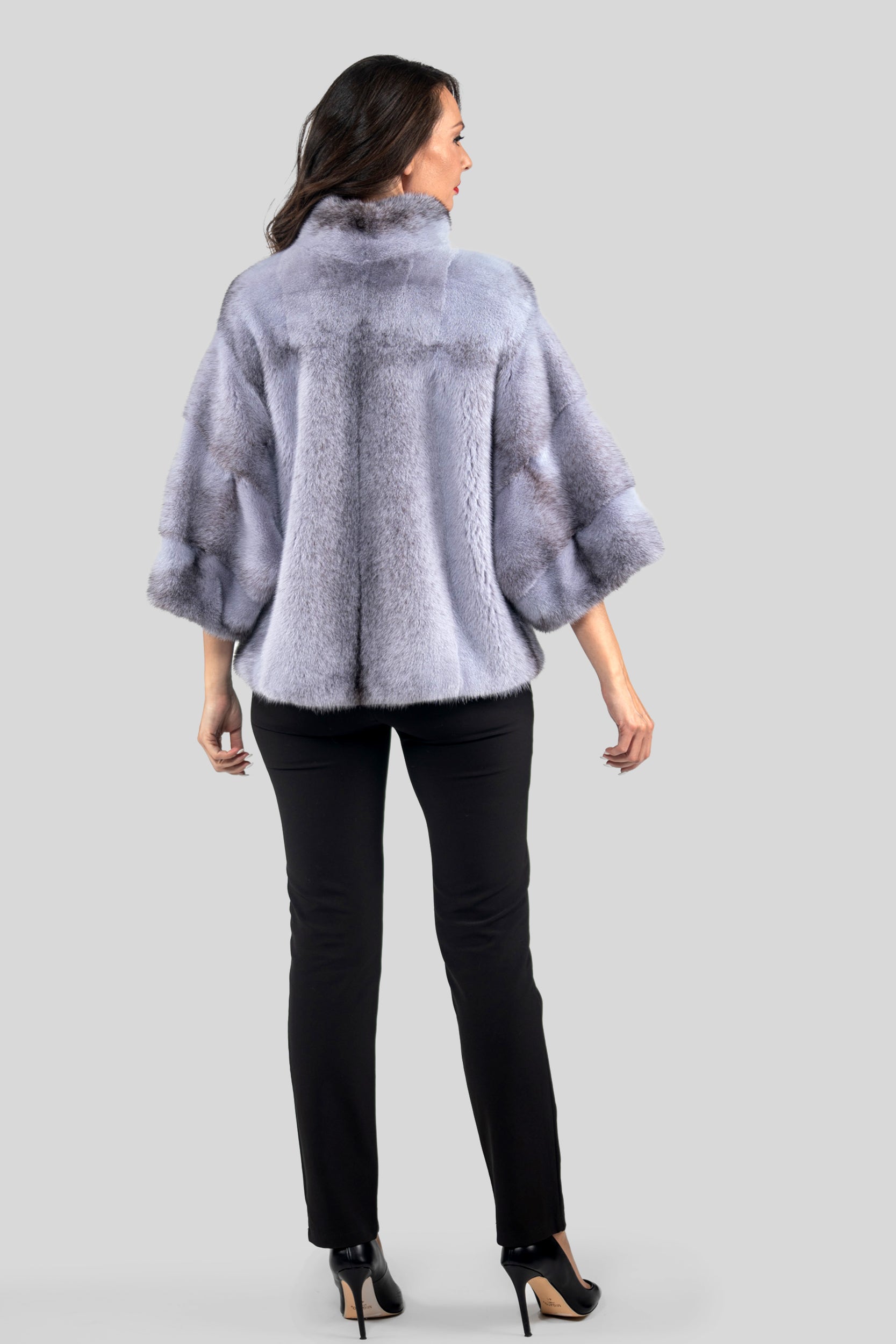 Grey Moon Cross Mink Jacket with Stand Collar and Short Sleeves