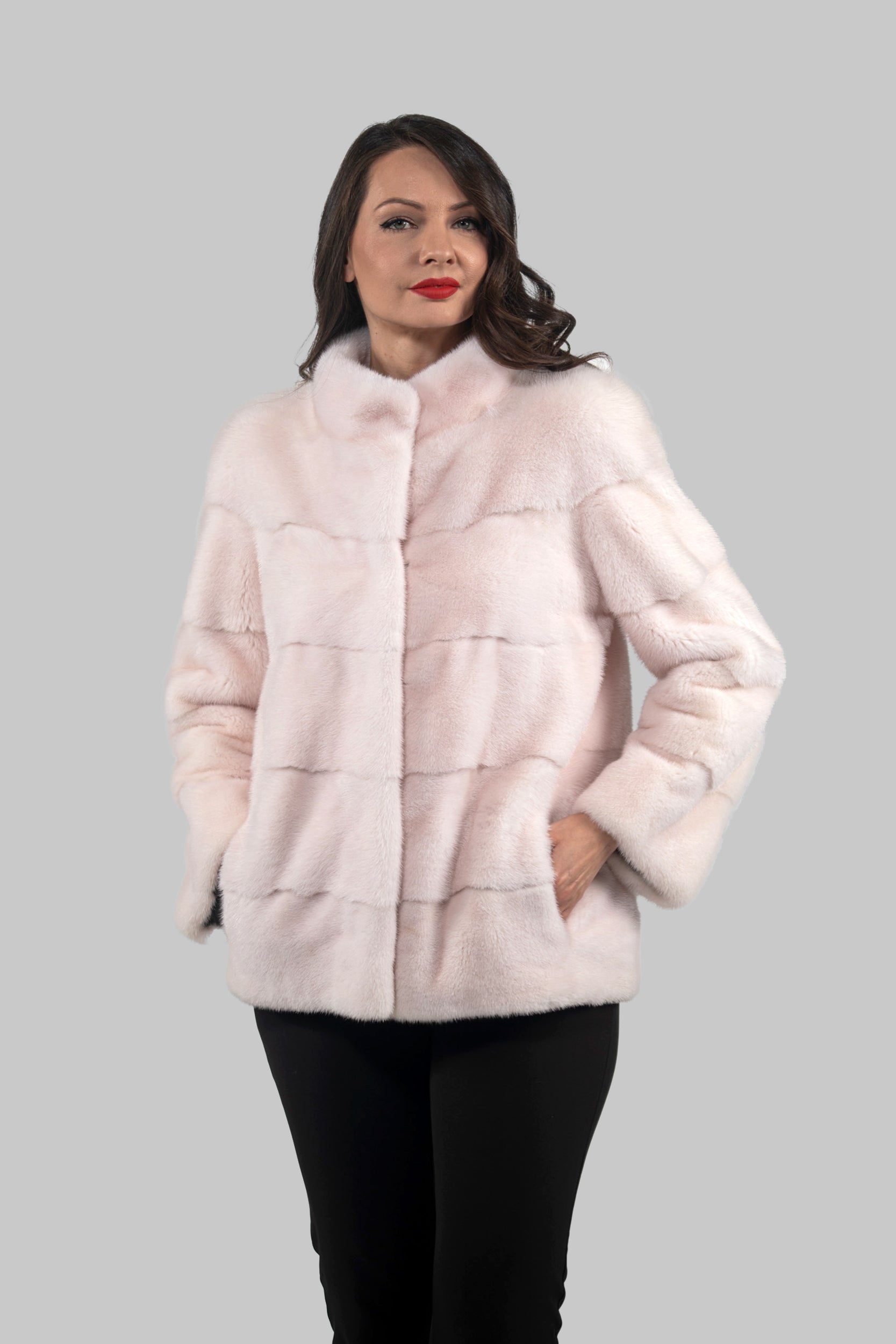 Powder Pink Mink Jacket with Stand Collar