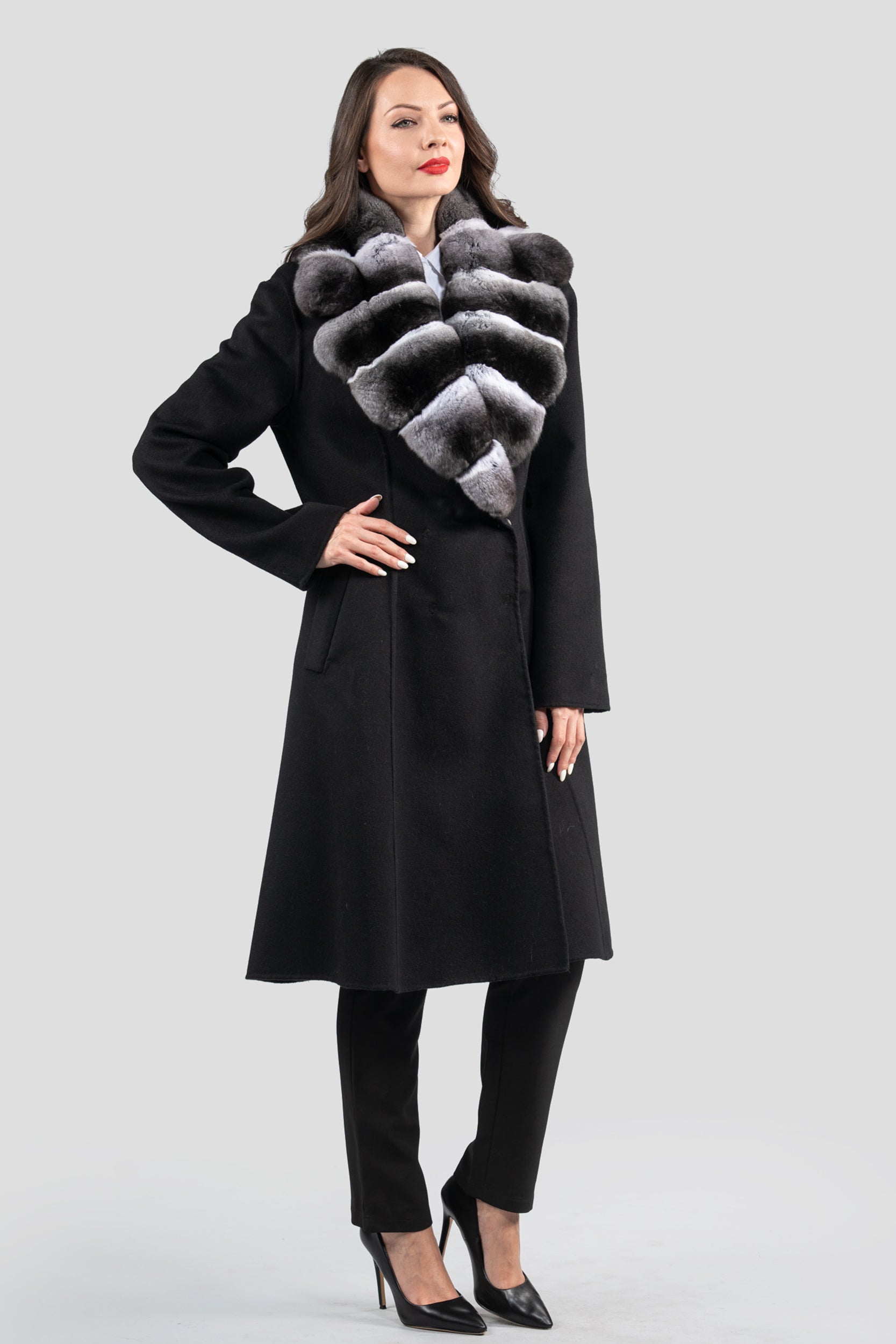 Black Cashmere Coat with Chinchilla Notch Collar