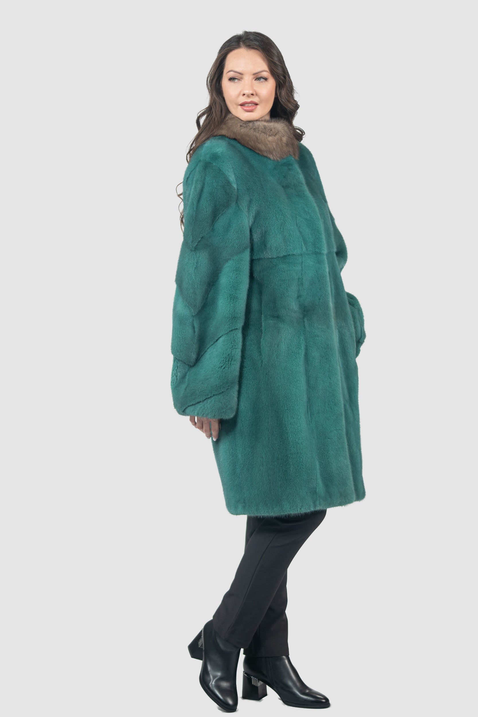 Green Mink Half Coat with Russian Sable-Trimmed Stand Collar