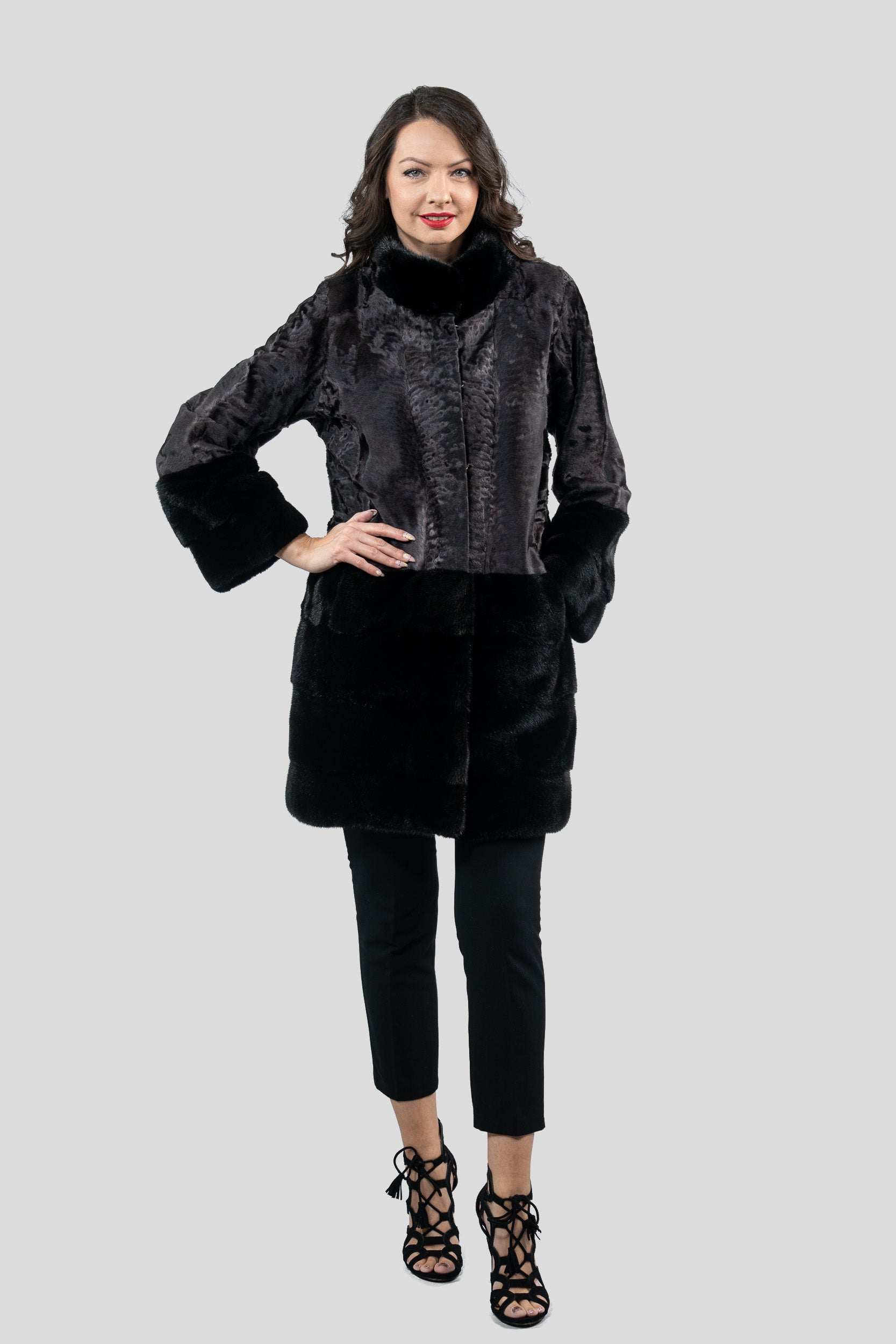 Gray Moon Swakara Half Coat with Mink Trim
