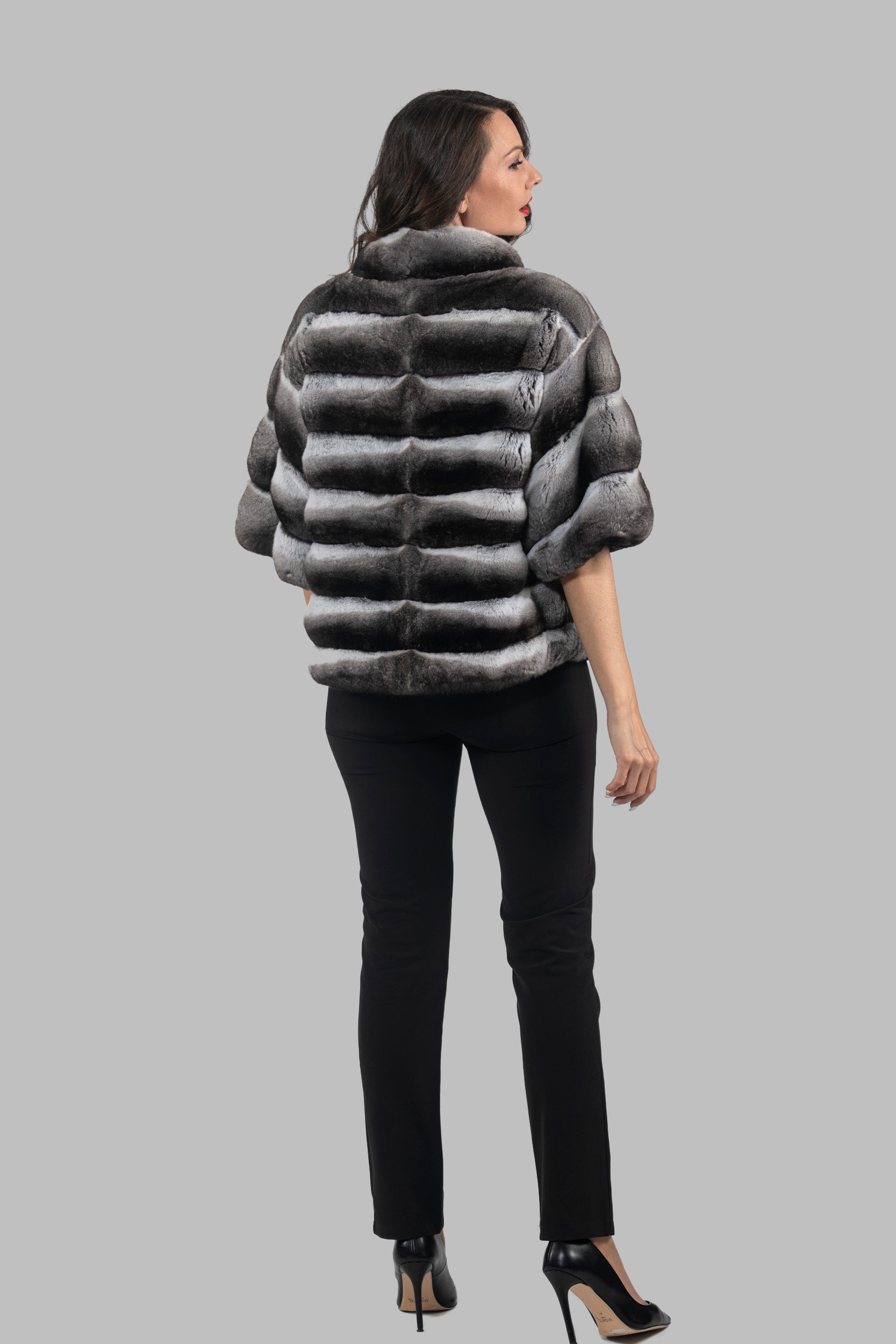 Chinchilla Jacket with Stand Collar and Short Sleeves