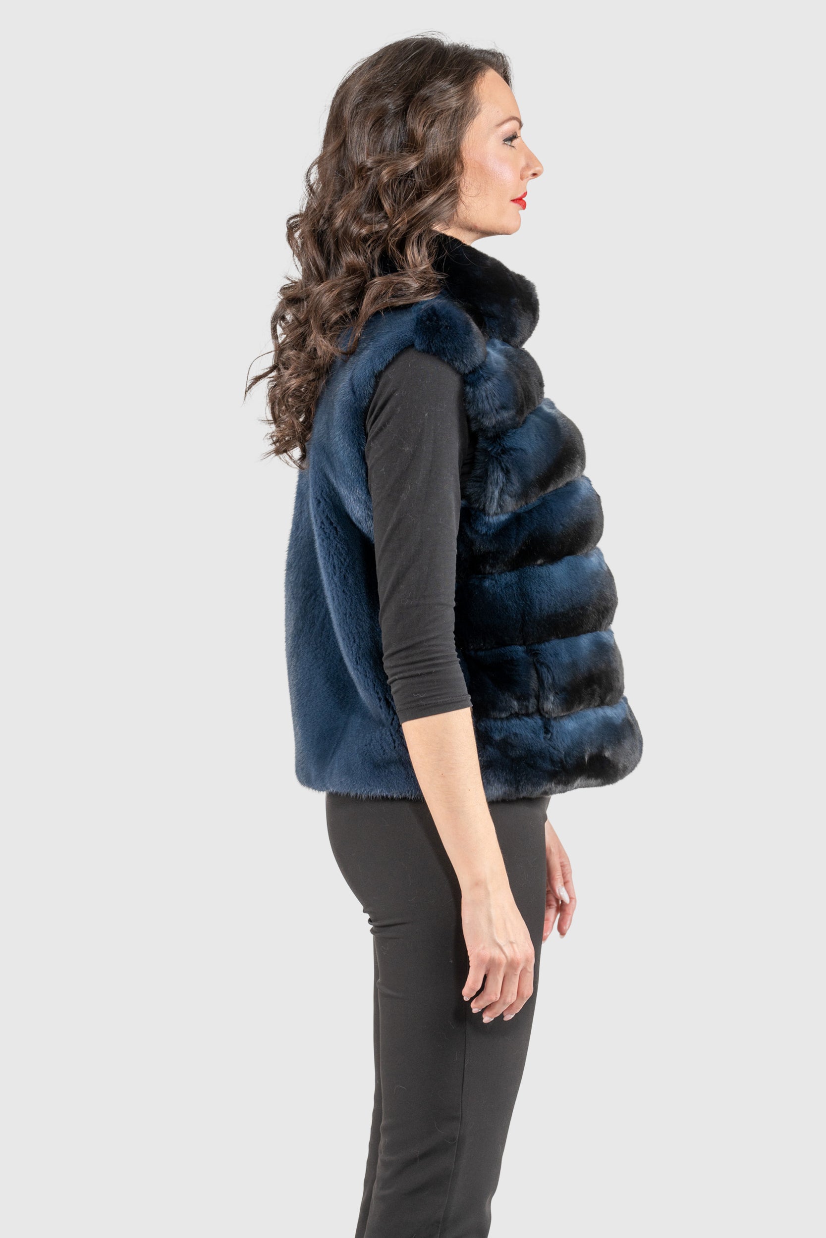 Chinchilla Fur Vest with Stand Collar and Mink Trim in Blue Black