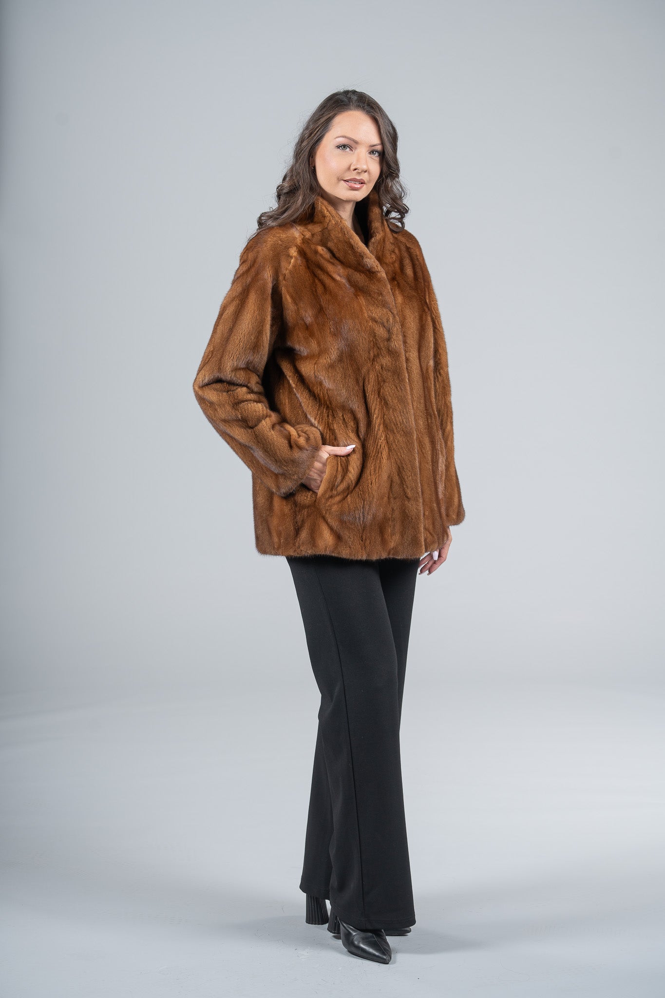 Gold Mink Half Coat with Stand Smoking Collar