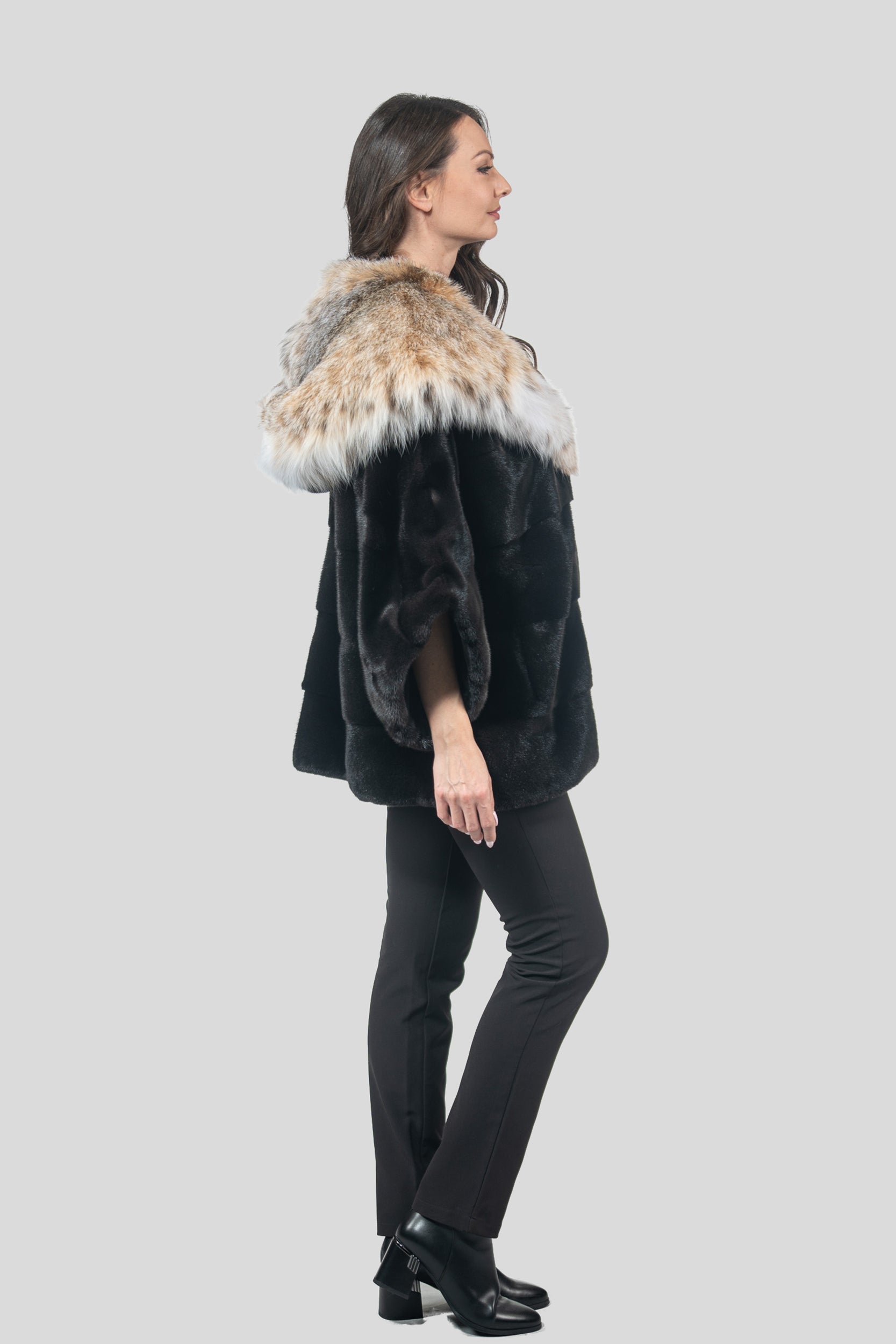 Blackglama Mink Hooded Cape with Bobcat Trim