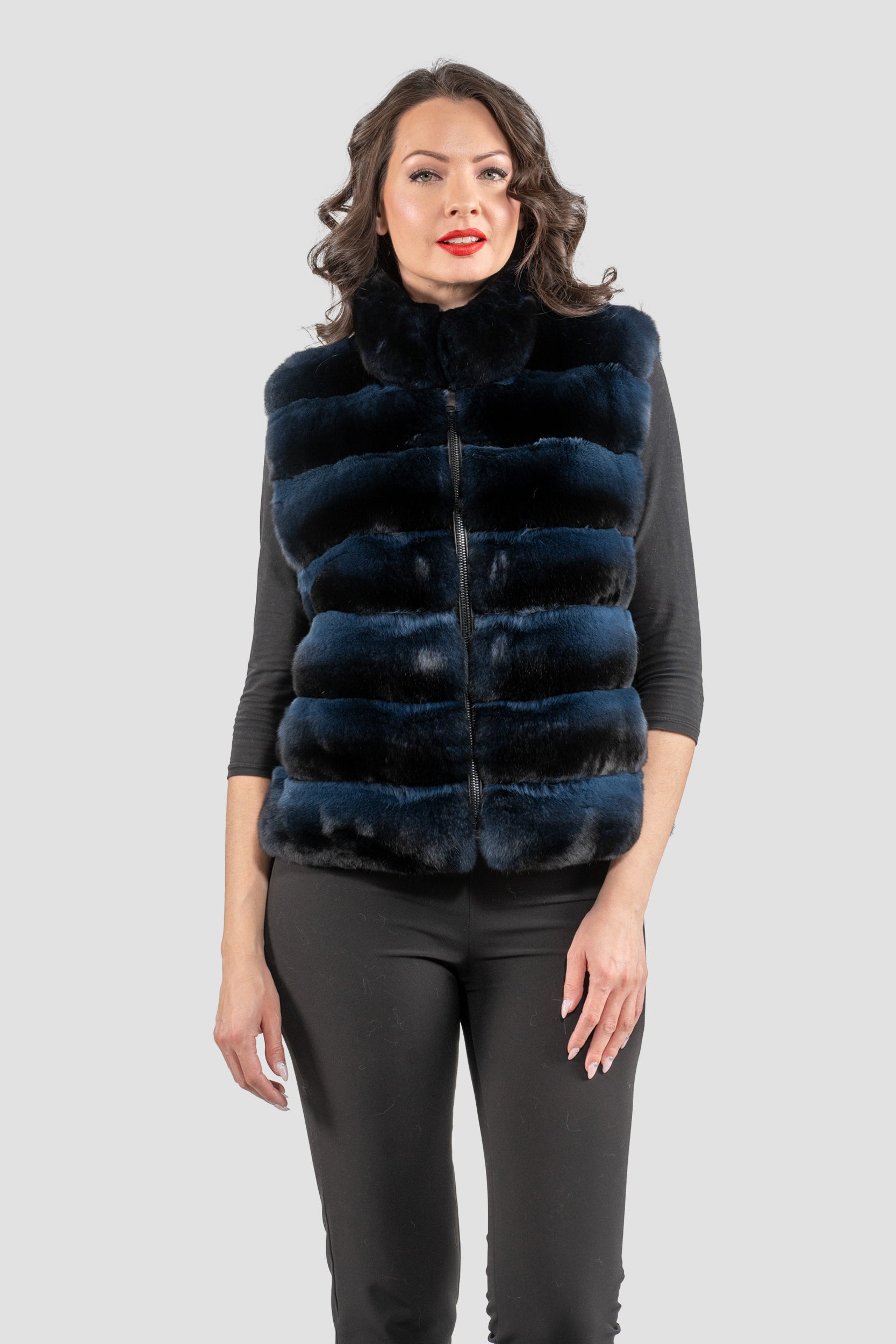 Chinchilla Fur Vest with Stand Collar and Mink Trim in Blue Black
