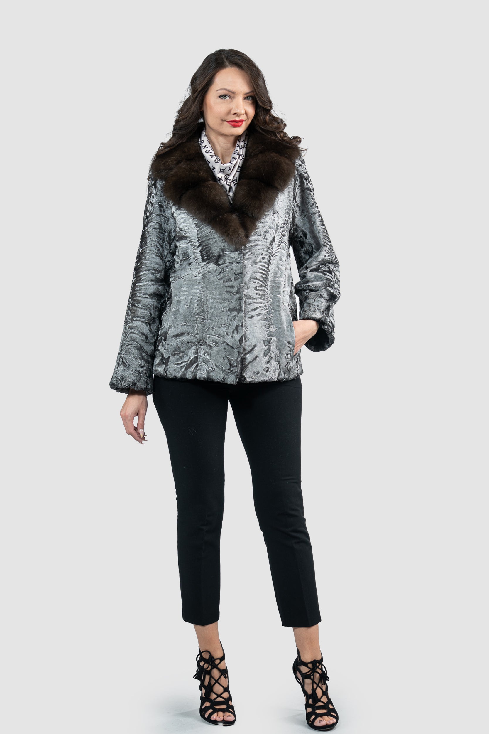Silver Swakara Jacket with Russian Sable Notch Collar
