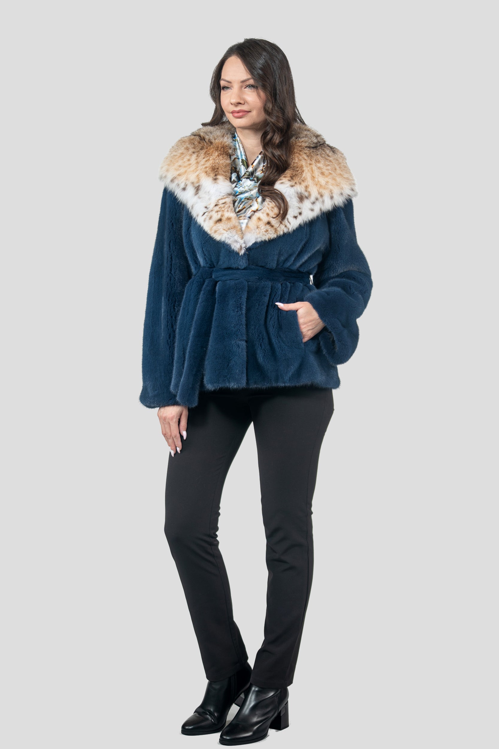 Blue Jean Mink Half Coat with Bobcat Hood