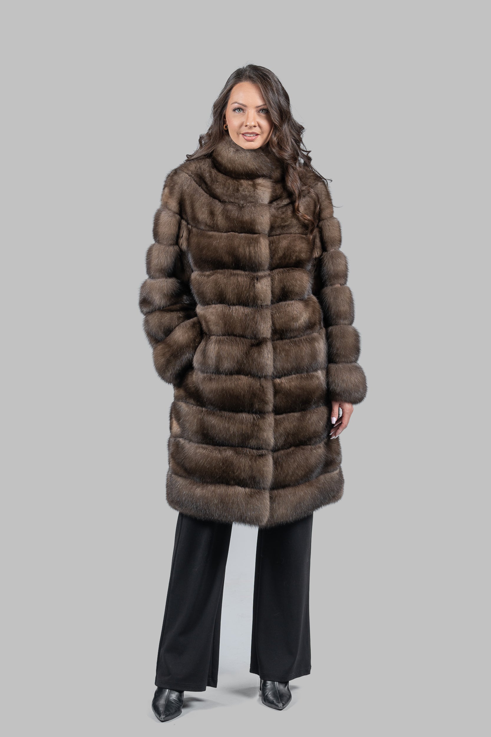 Platino Sable Long Coat with Stand Collar