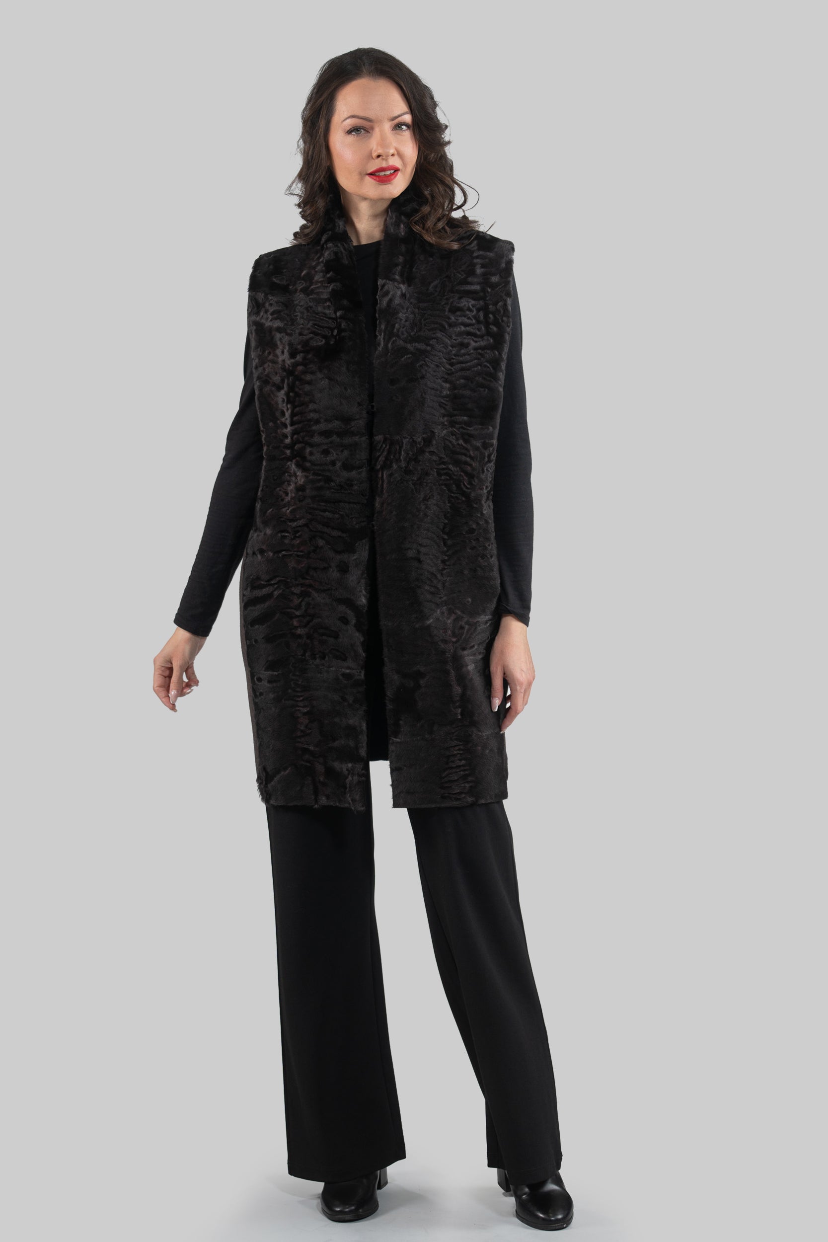 Grey Cashmere Vest with Swakara Fur Trim