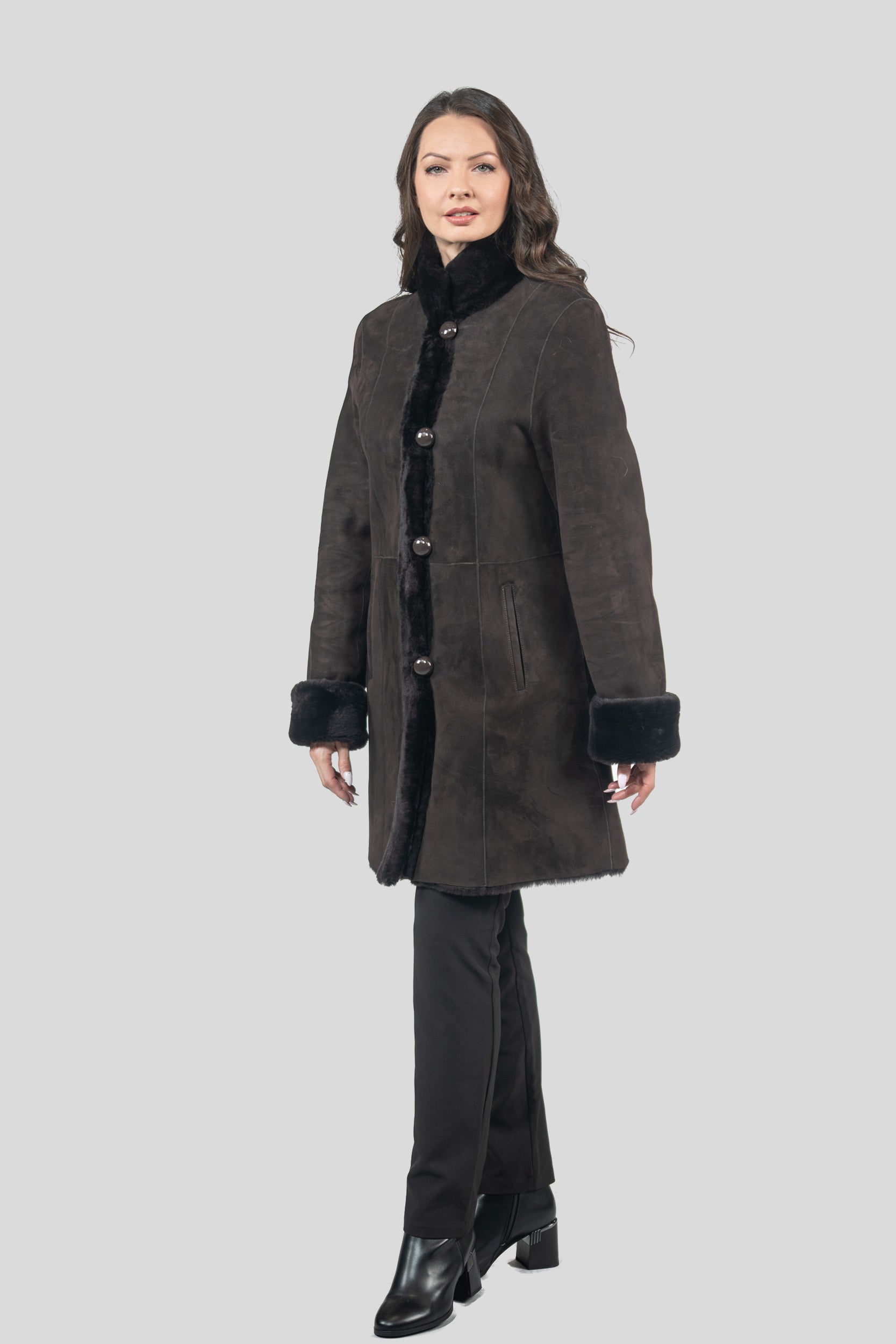 Brown Half Coat In Spanish Merino with Stand Collar