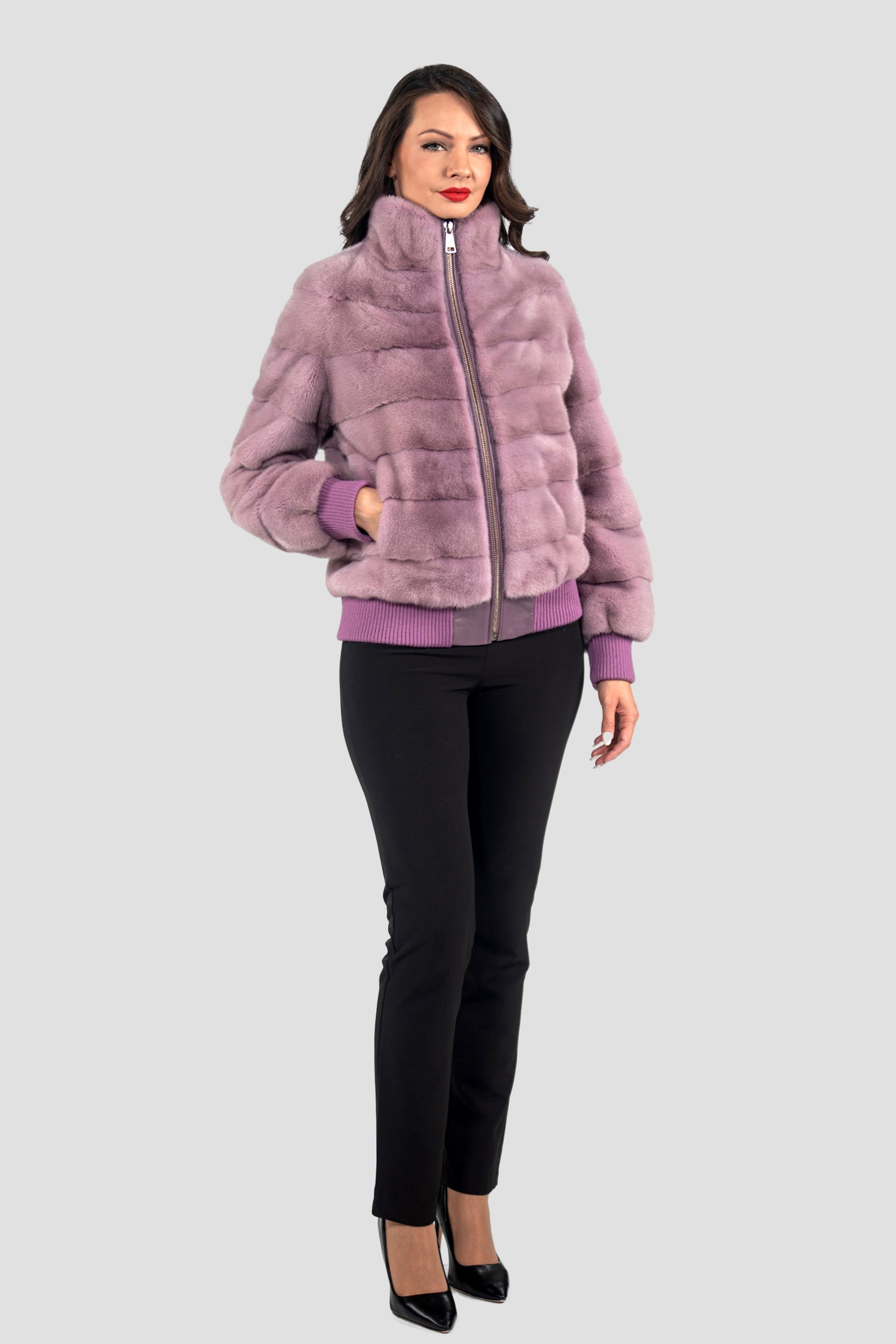 Violet Mink Bomber Jacket with Stand Collar