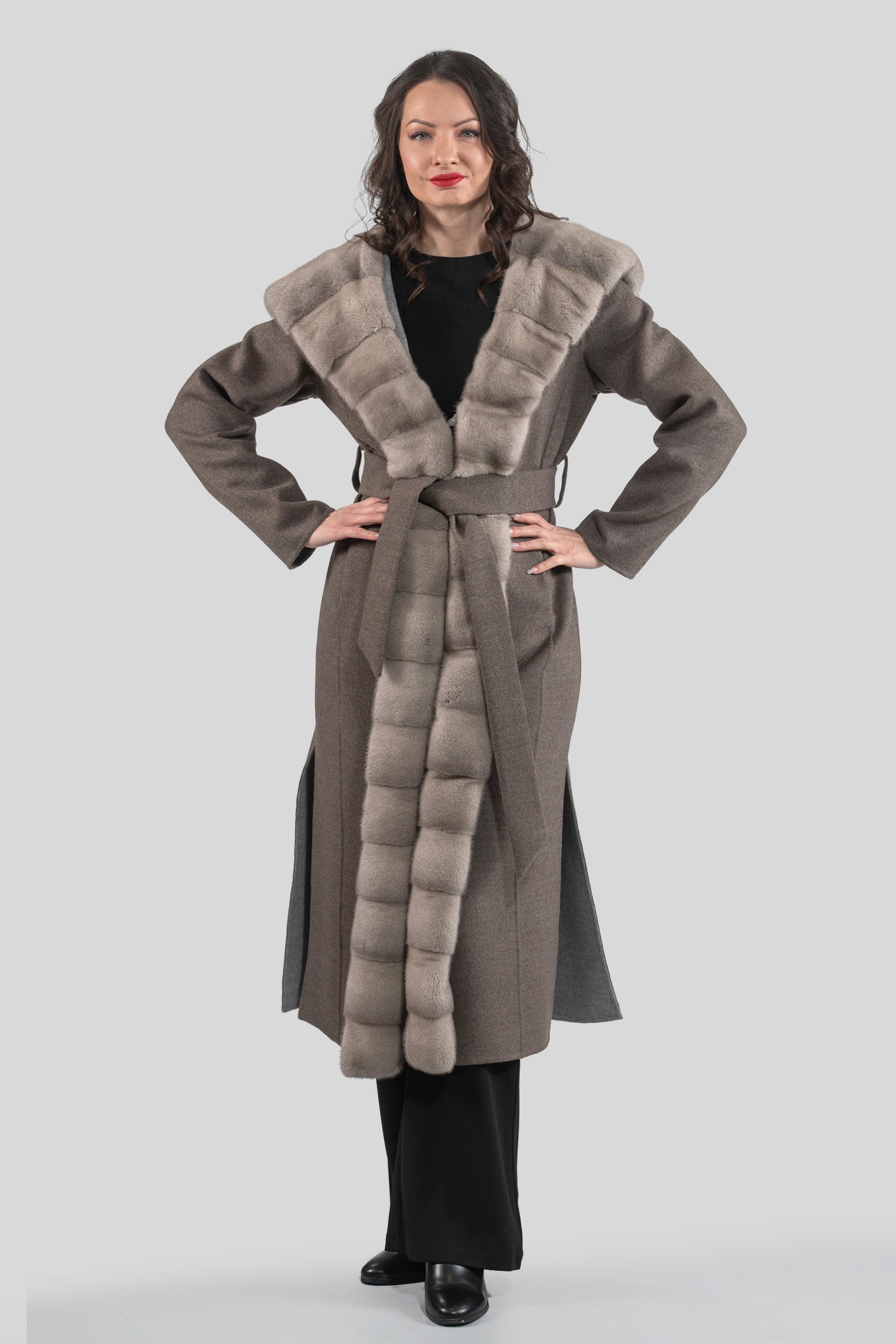 Grey Brown Cashmere Hooded Coat with Mink Trim
