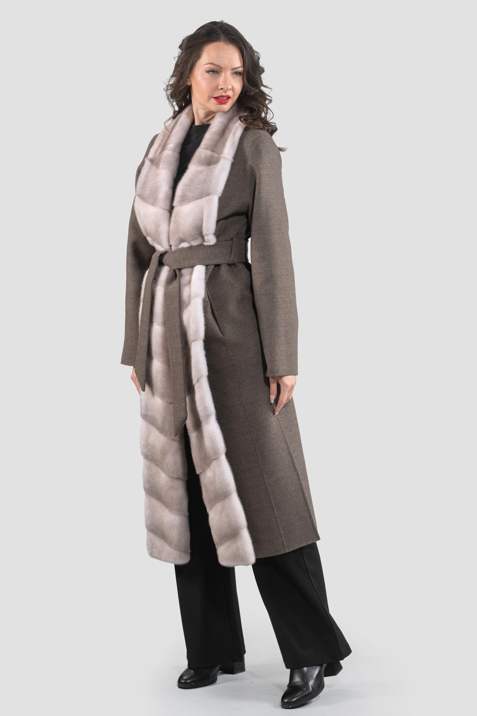 Brown Grey Cashmere Coat with Mink Trim