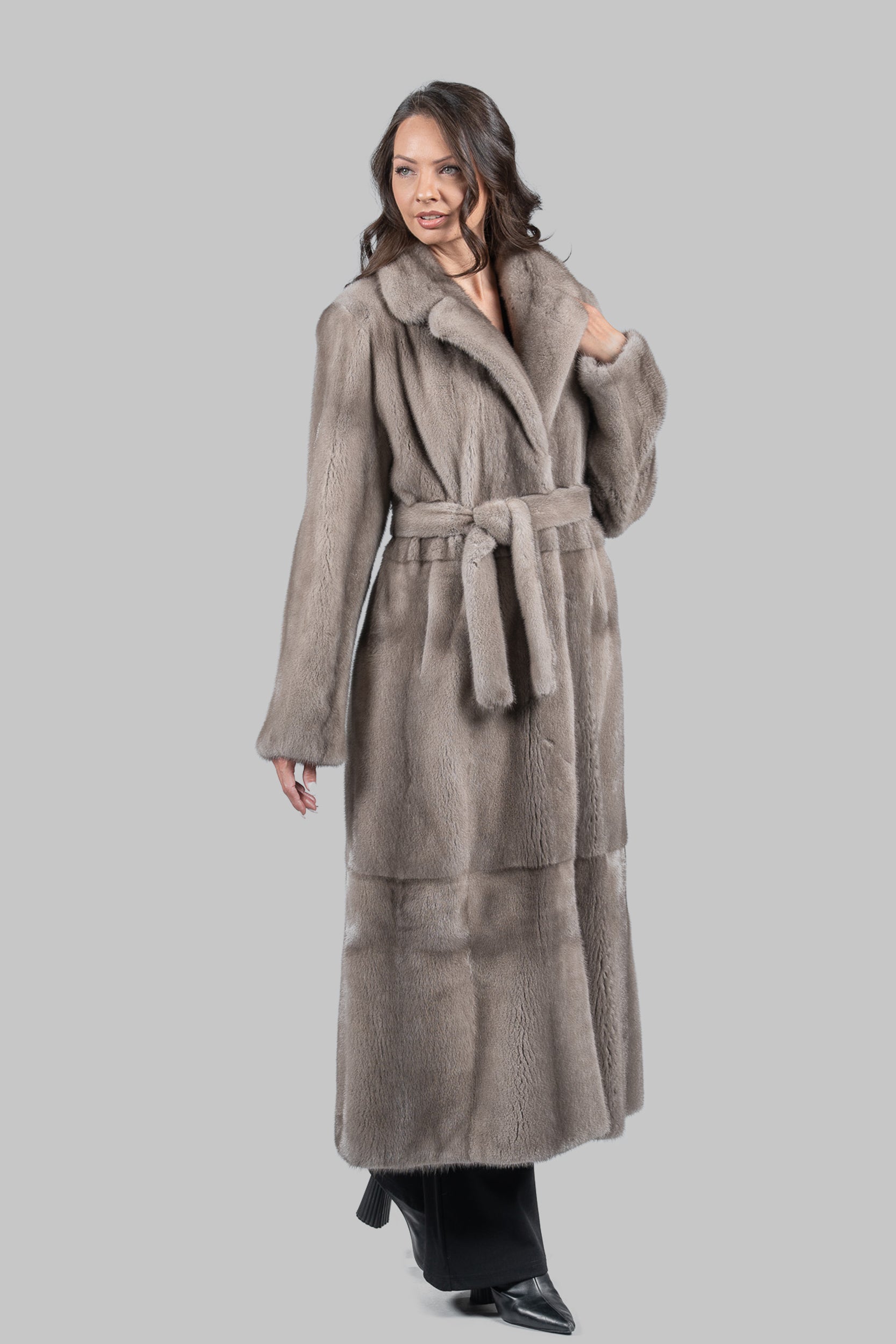 Silver Blue Skin to Skin Belted Mink Long Coat