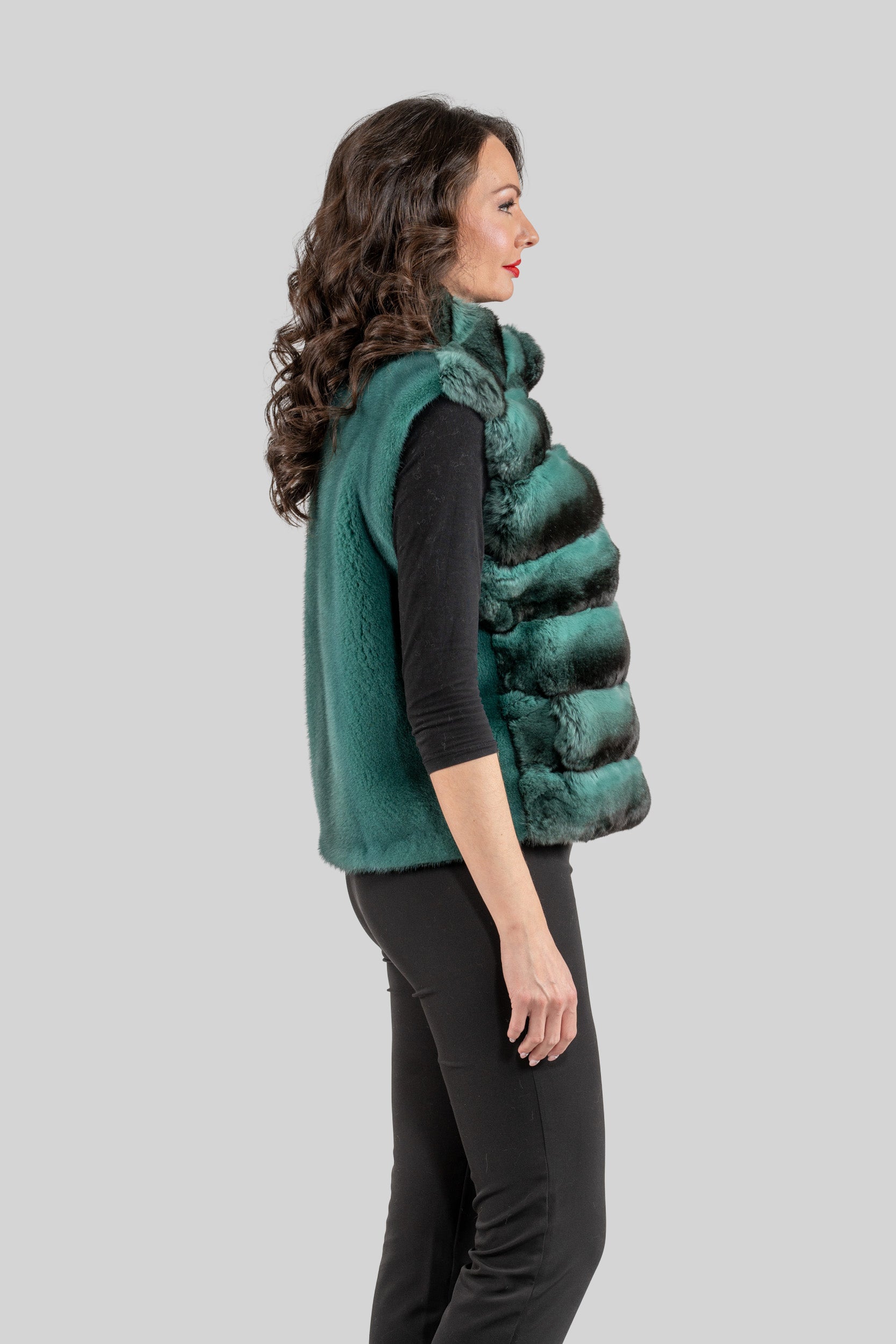 Emerald Green Chinchilla Fur Vest with Stand Collar and Mink Trim