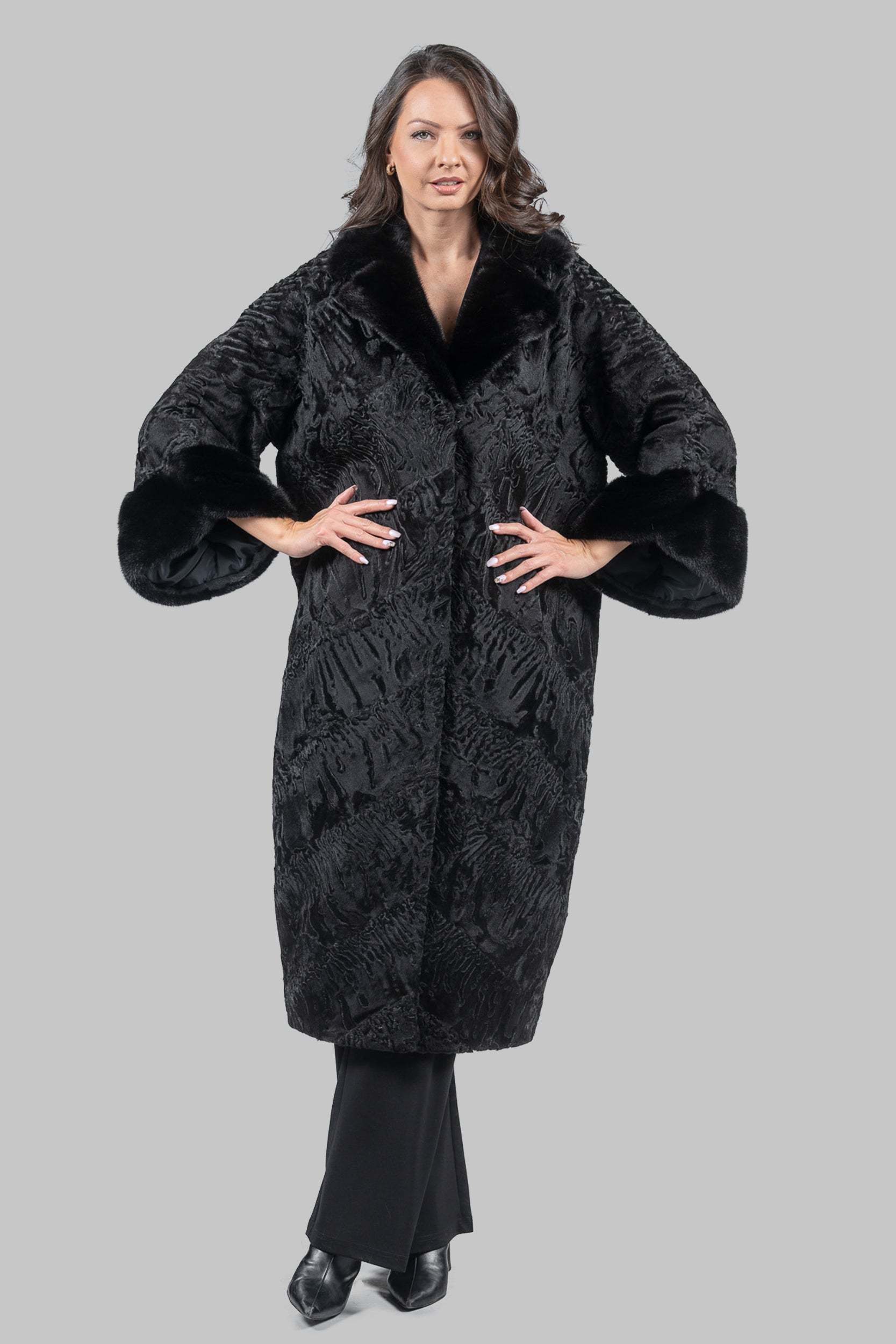 Black Swakara Coat with Mink-Trimmed Notch Collar