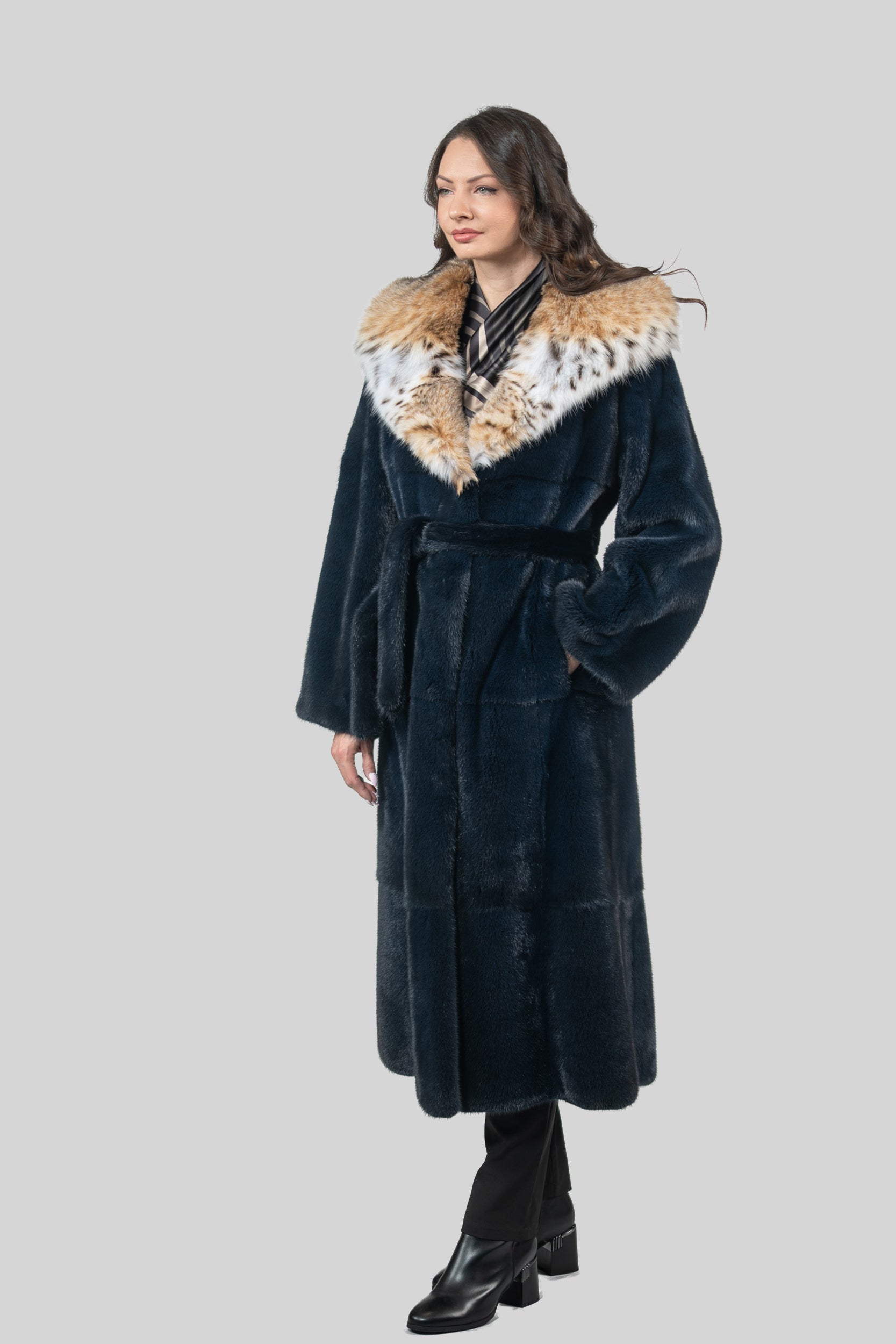 Blue Black Mink Coat with Bobcat Hood