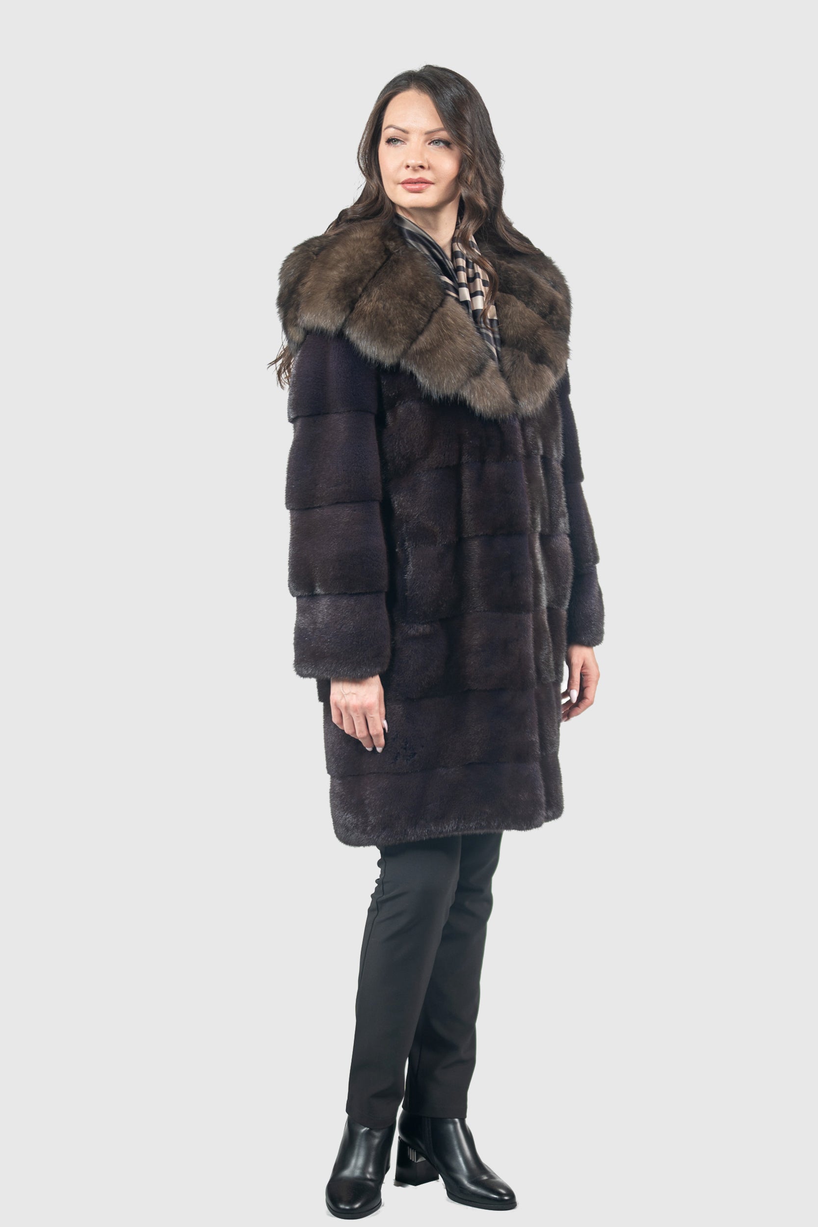 Aubergine Mink Half Coat with Russian Sable Hood
