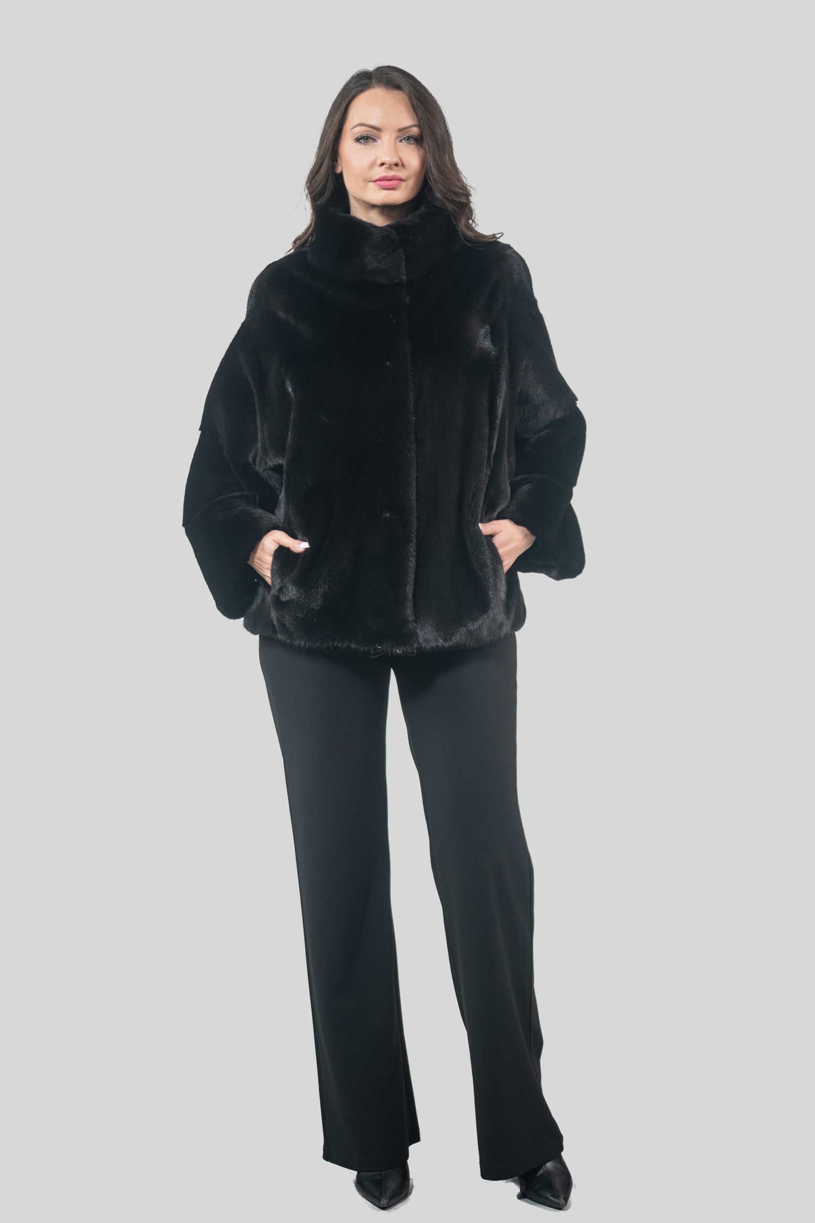 Black Mink Jacket with Stand Collar and Short Sleeves
