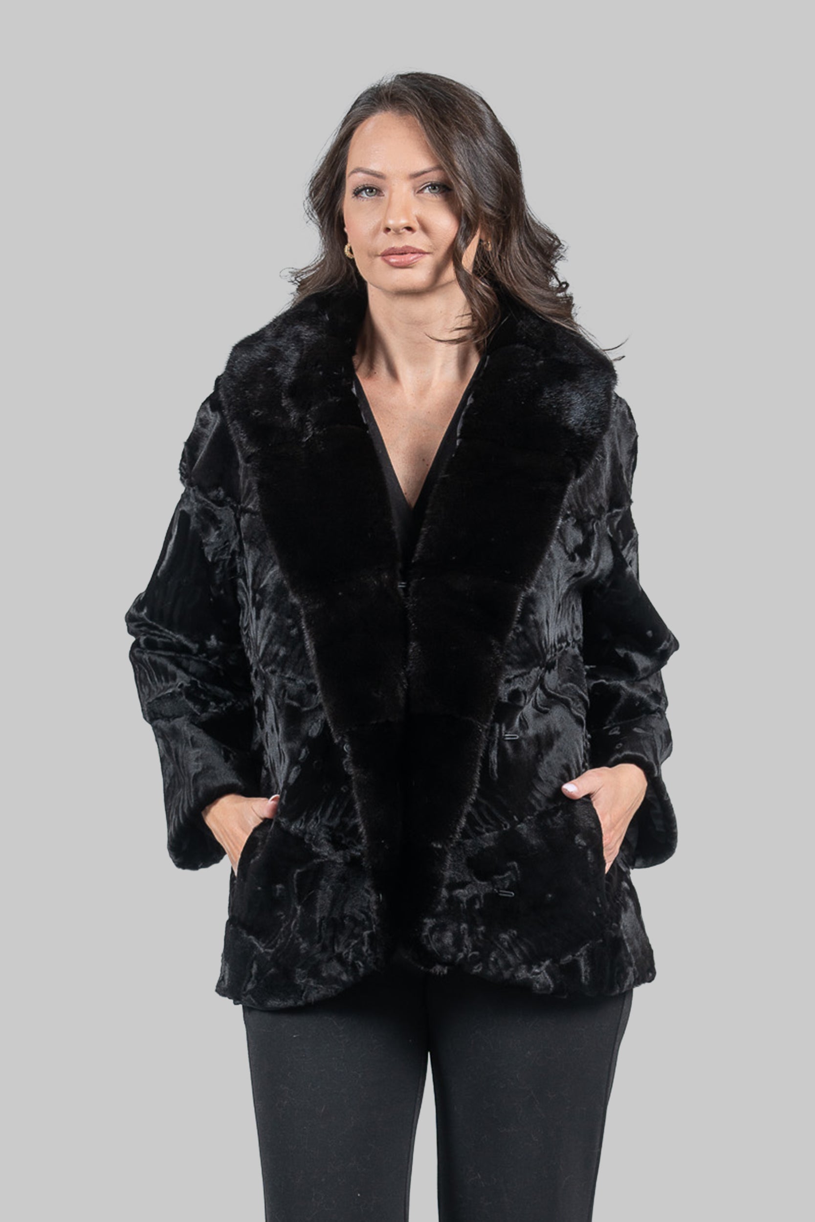 Black Swakara with Extended Mink Shawl Collar Fur Jacket