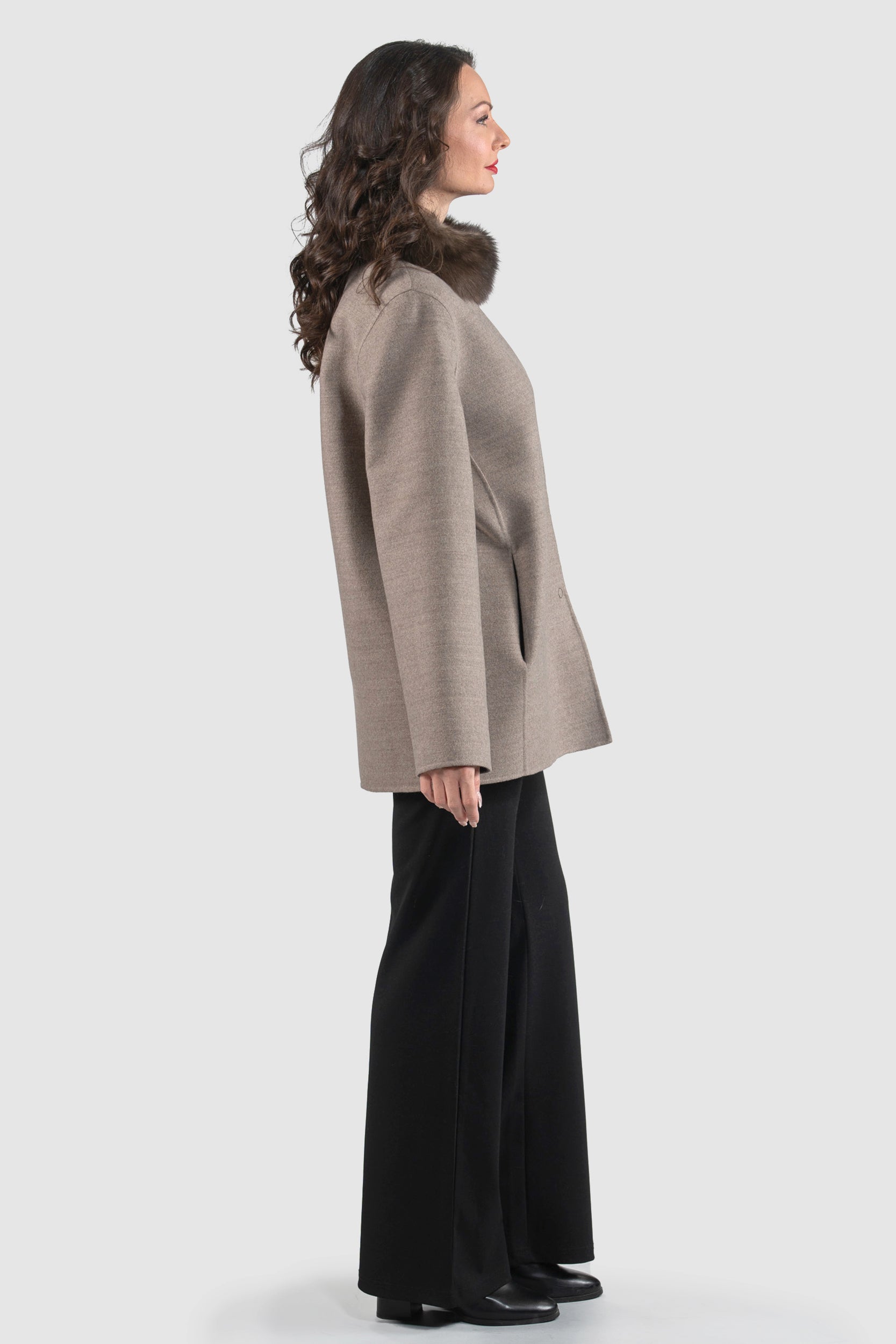 Grey Brown Cashmere Jacket with Russian Sable Stand Collar