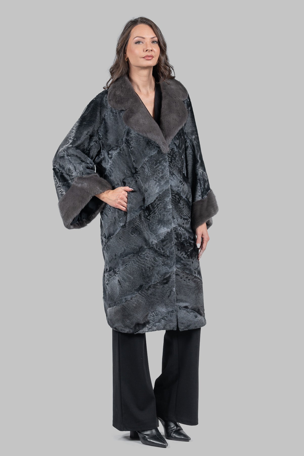 Acciaio Swakara Oversized Half Coat with Titanium Mink Trim