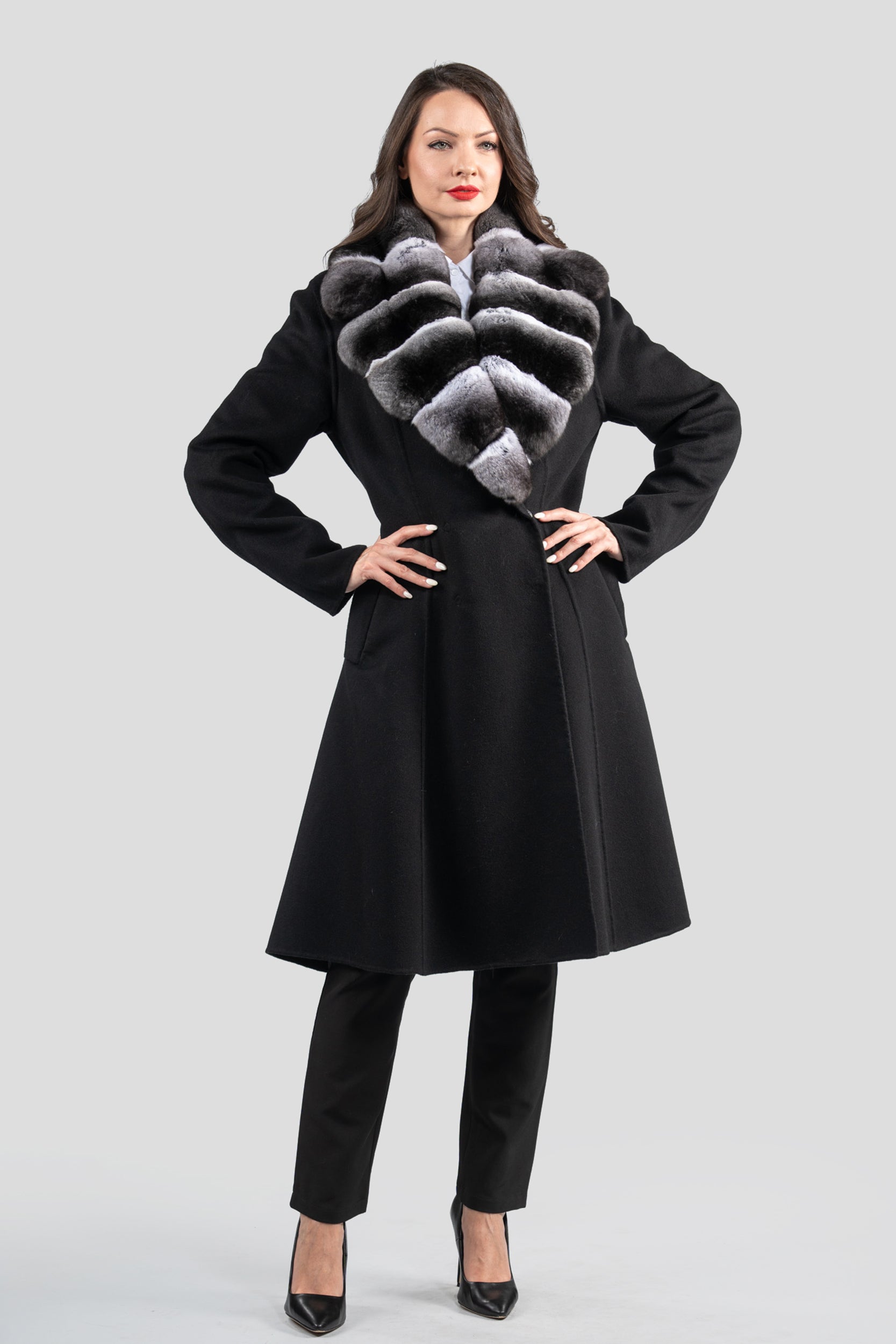Black Cashmere Coat with Chinchilla Notch Collar