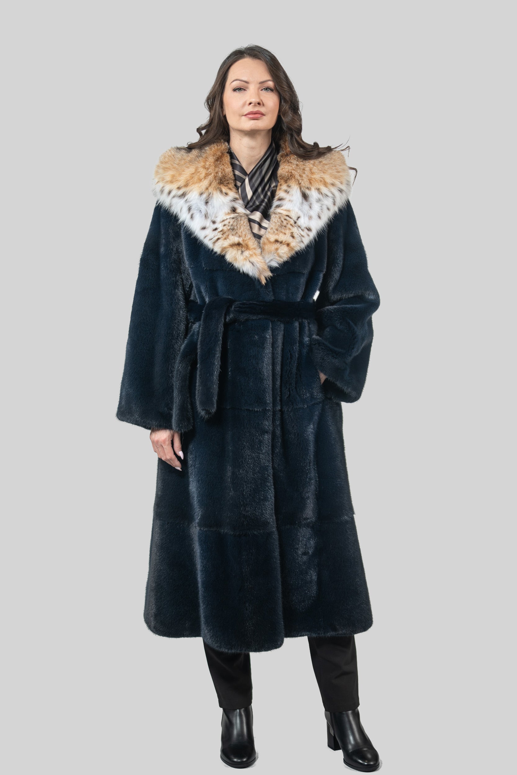 Blue Black Mink Coat with Bobcat Hood