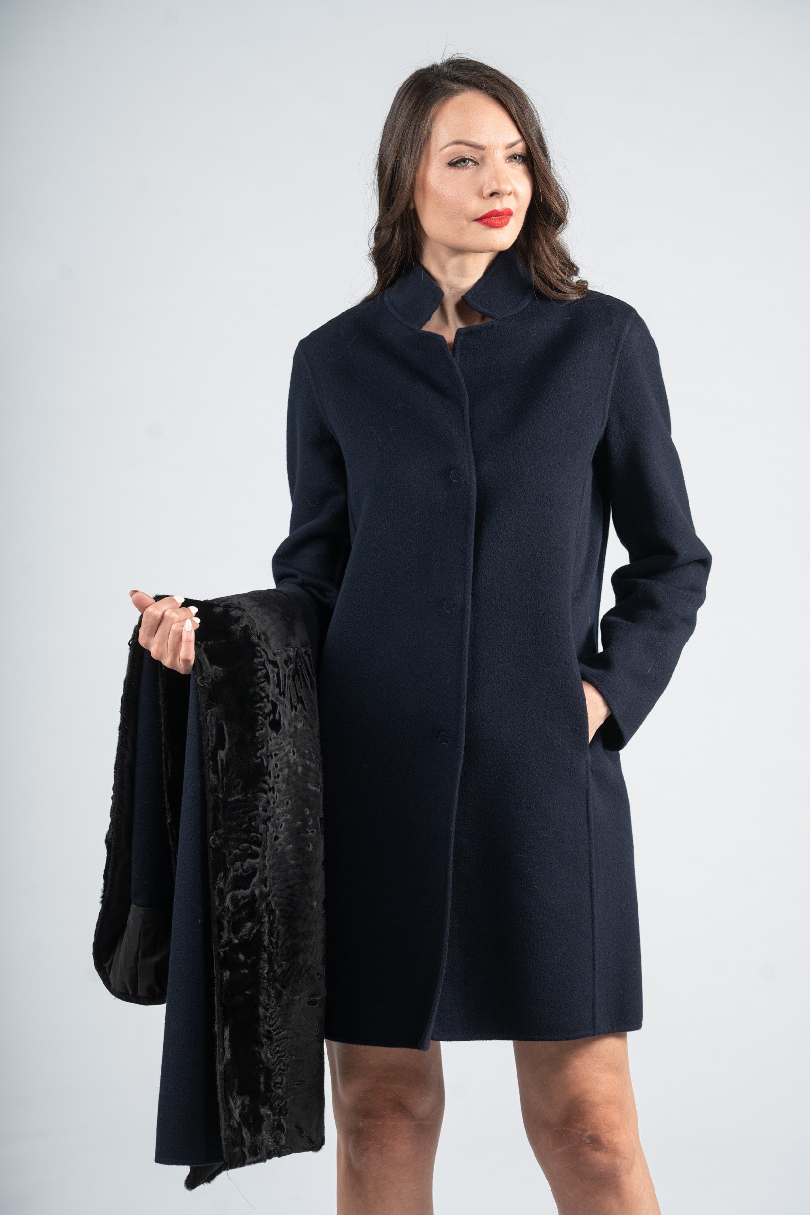 Blue Black Cashmere Half Coat & Vest with Swakara Trim