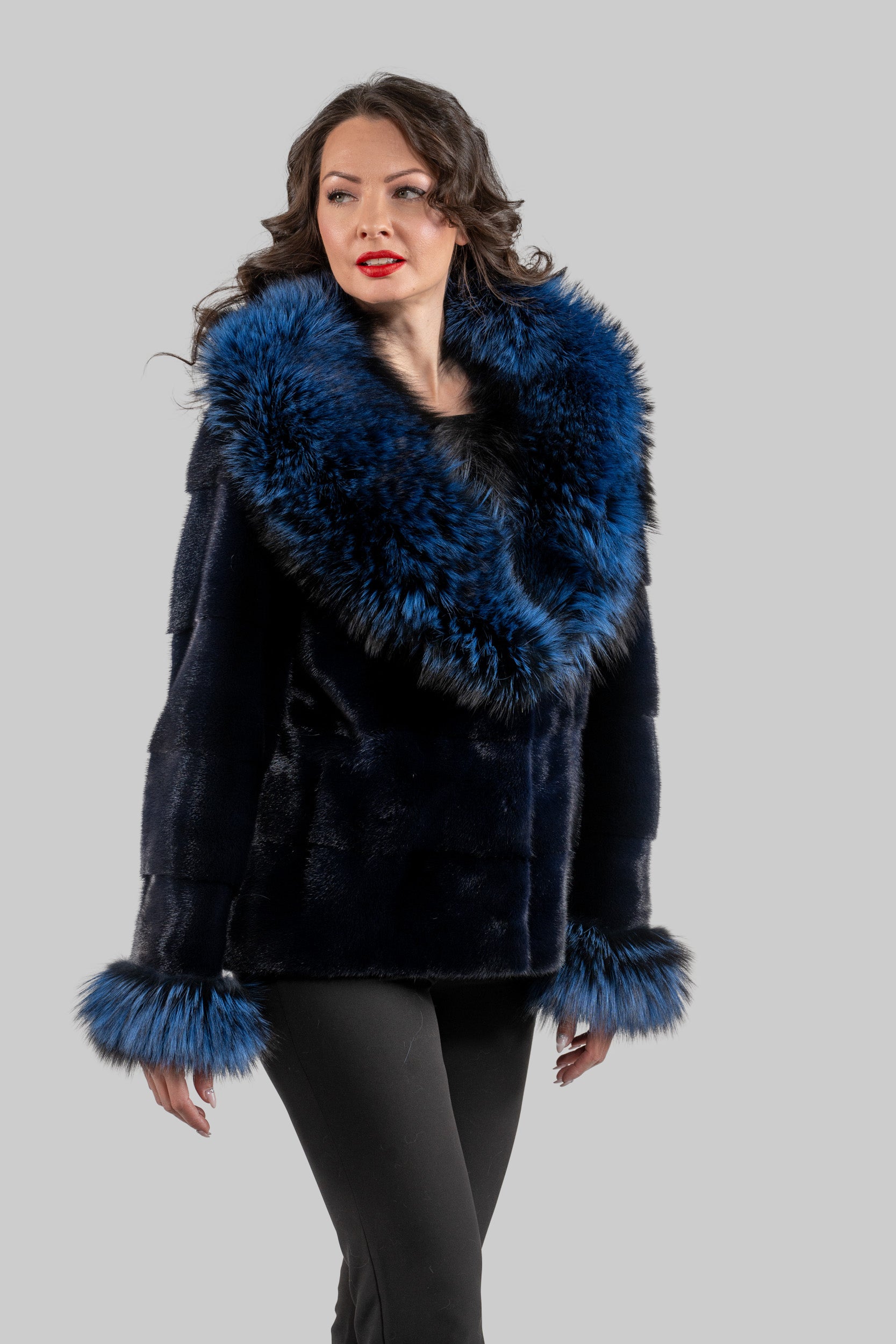 Purple Mink Jacket with Fox Trimmed Shawl Collar