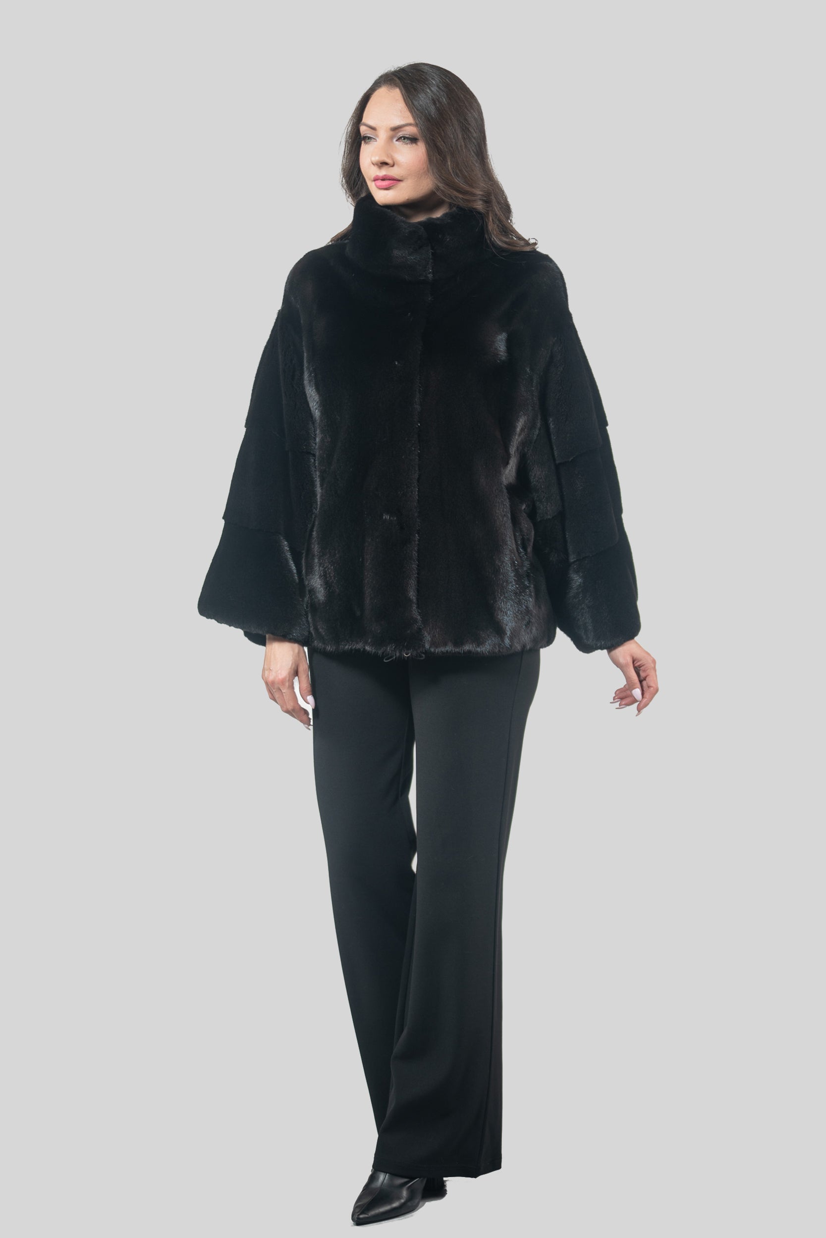 Black Mink Jacket with Stand Collar and Short Sleeves