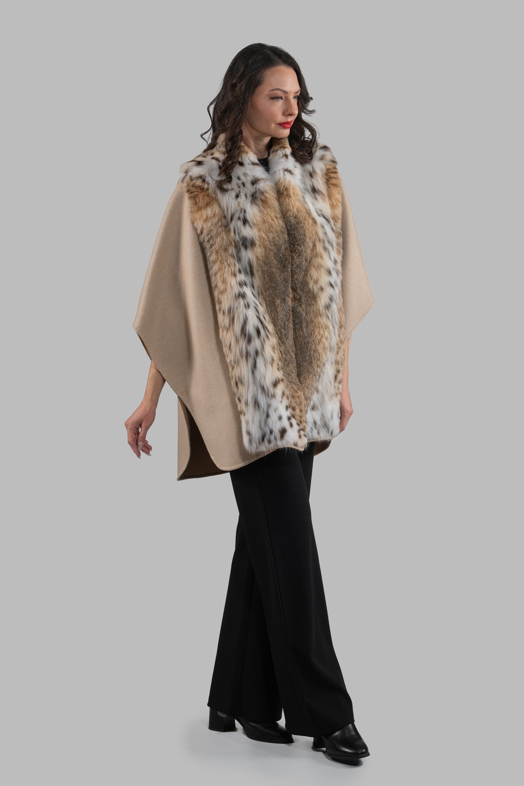 Ecru Cashmere Cape with Bobcat Fur Trim