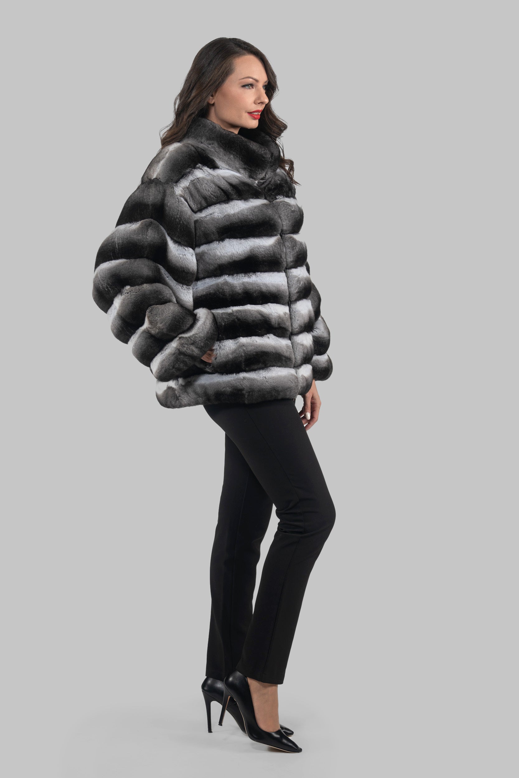 Chinchilla Jacket with Stand Collar and Zipper