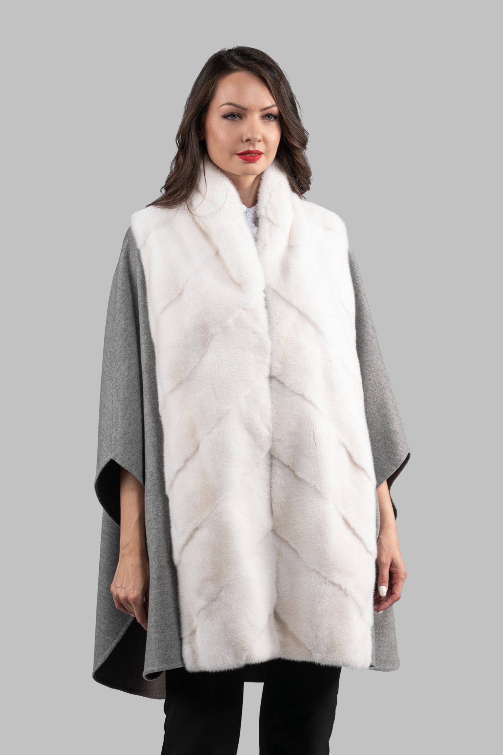 Grey Brown Cashmere Cape with Mink Trim