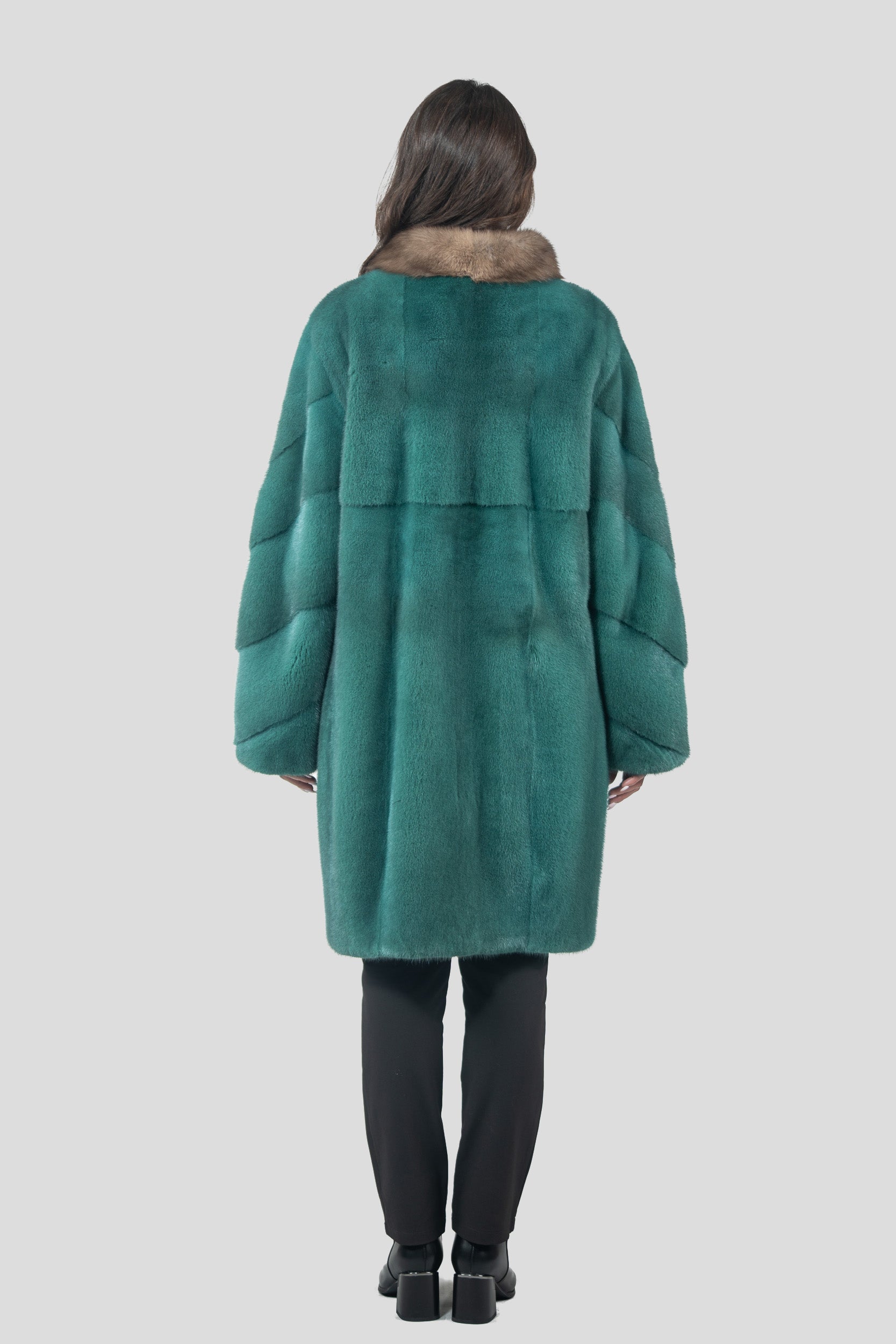 Green Mink Half Coat with Russian Sable-Trimmed Stand Collar