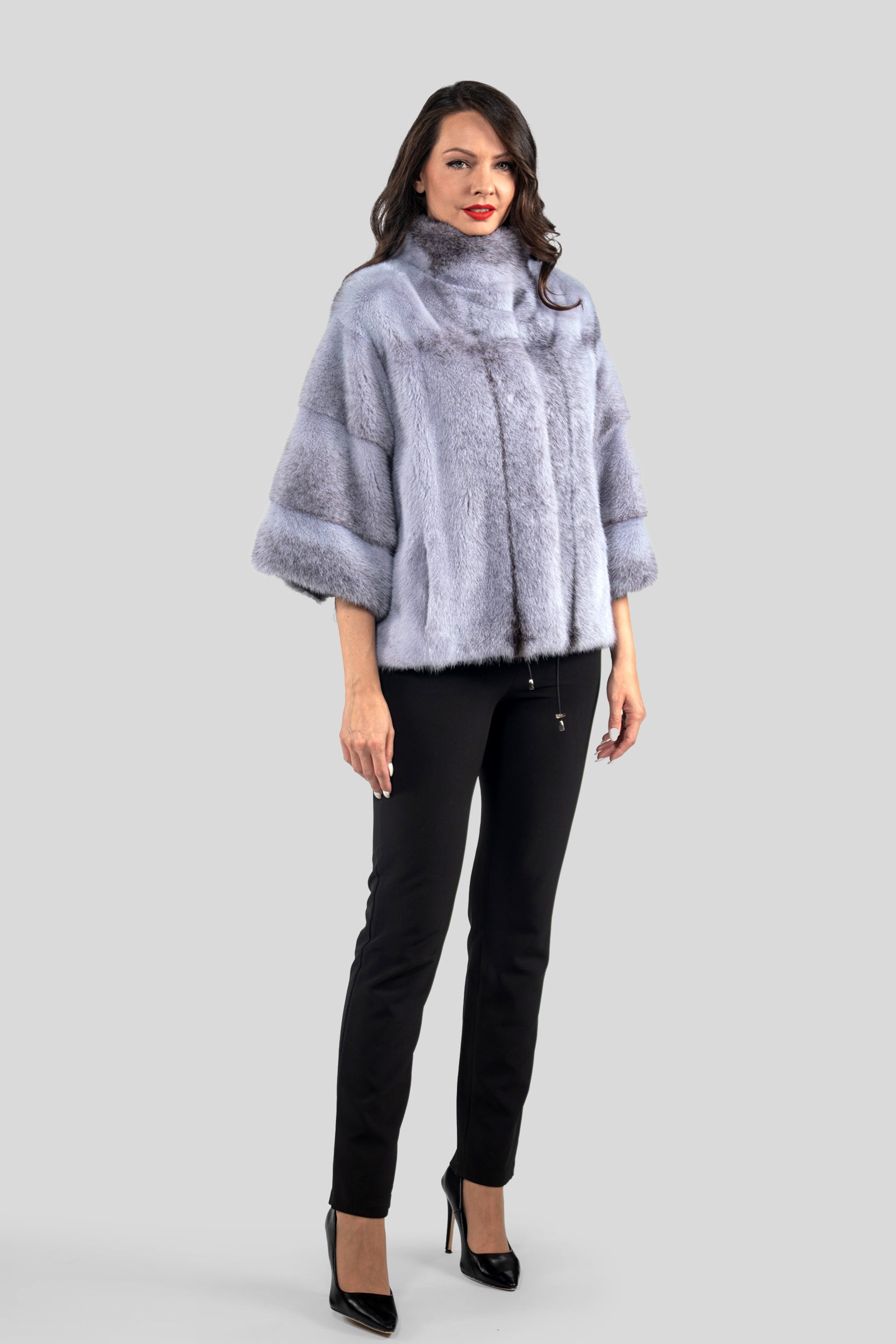 Grey Moon Cross Mink Jacket with Stand Collar and Short Sleeves