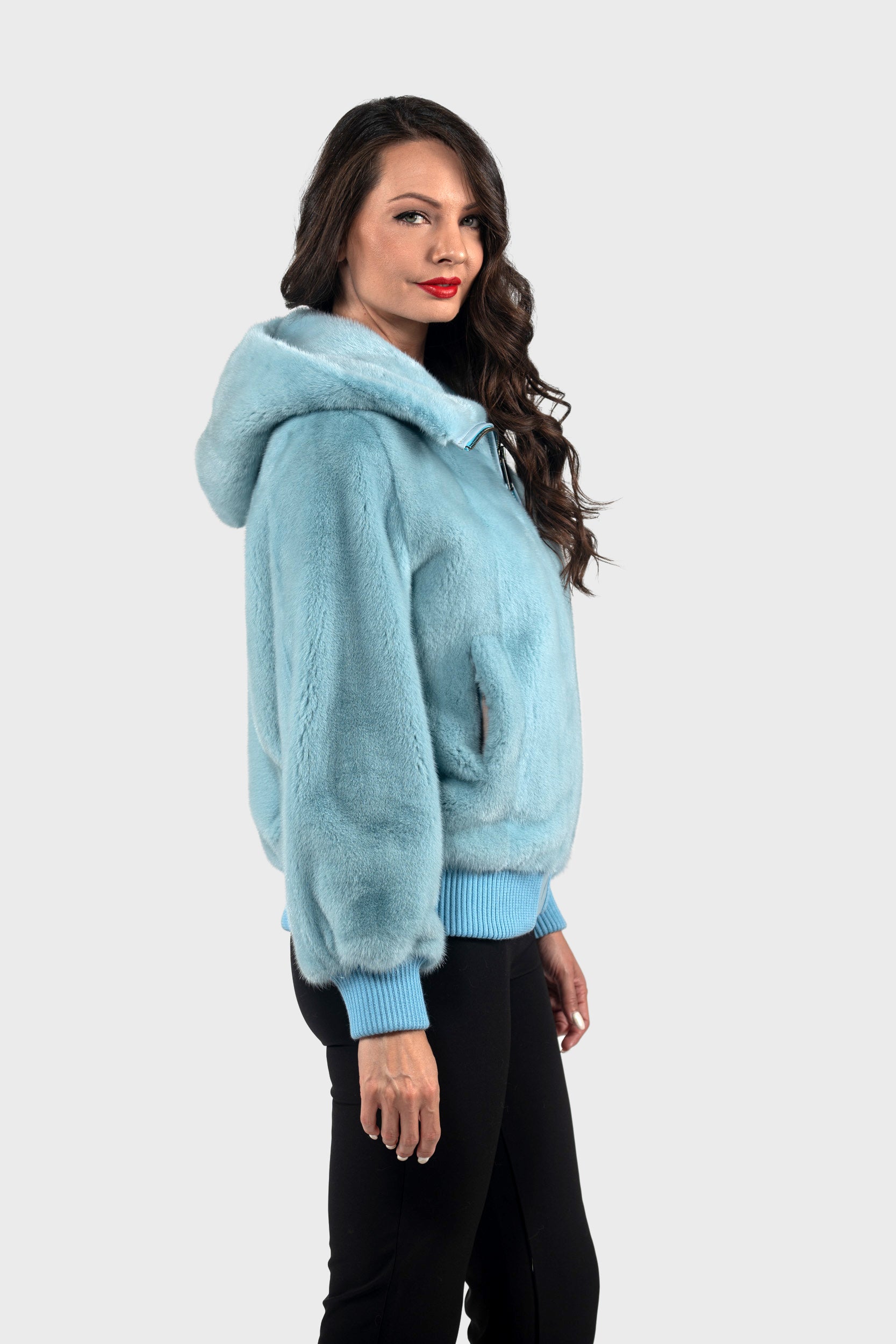 Mint Mink Bomber Jacket with Hood