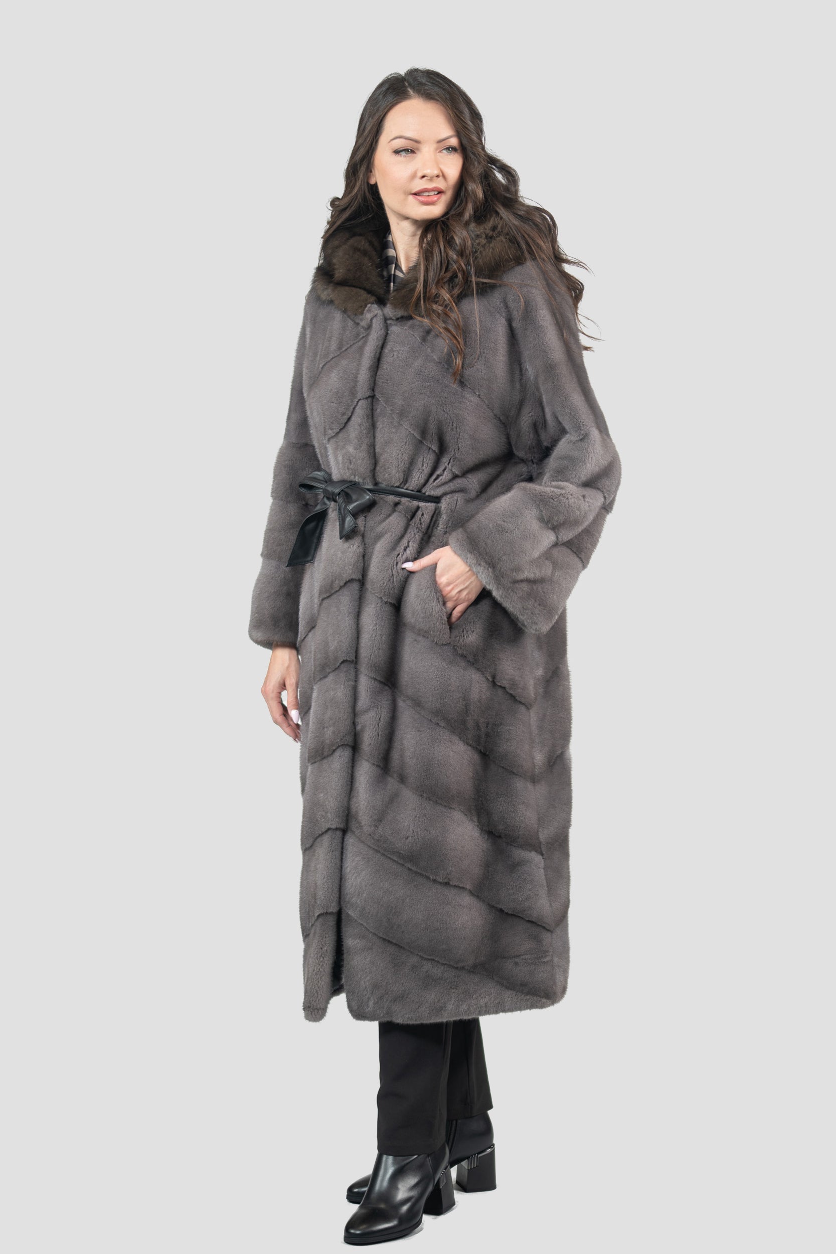 Grey Moon Mink Coat with Russian Sable Hood