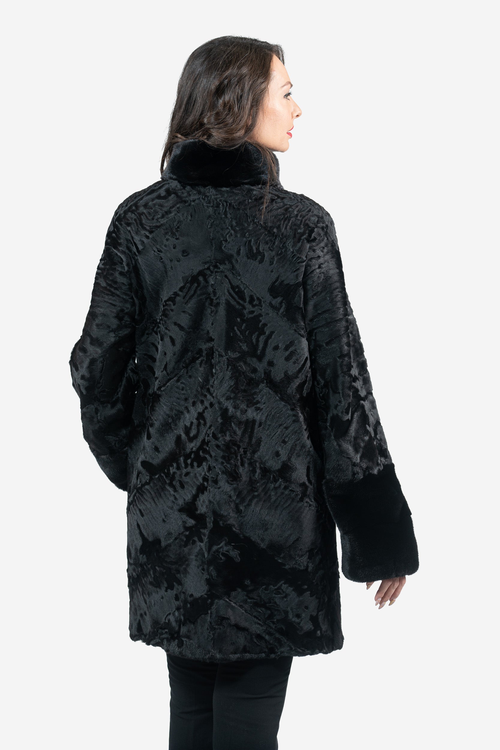 Black Swakara Half Coat With Mink Trim