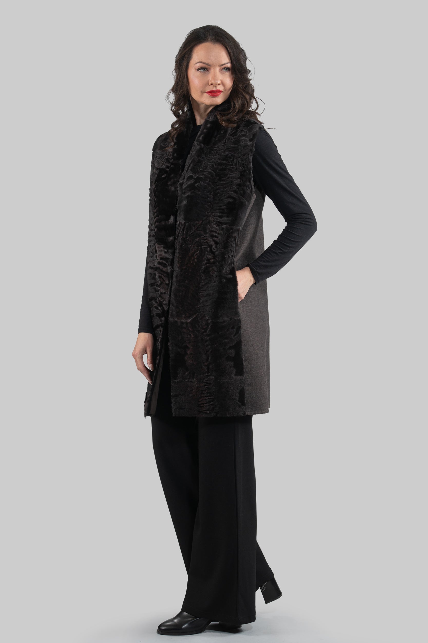 Grey Cashmere Vest with Swakara Fur Trim