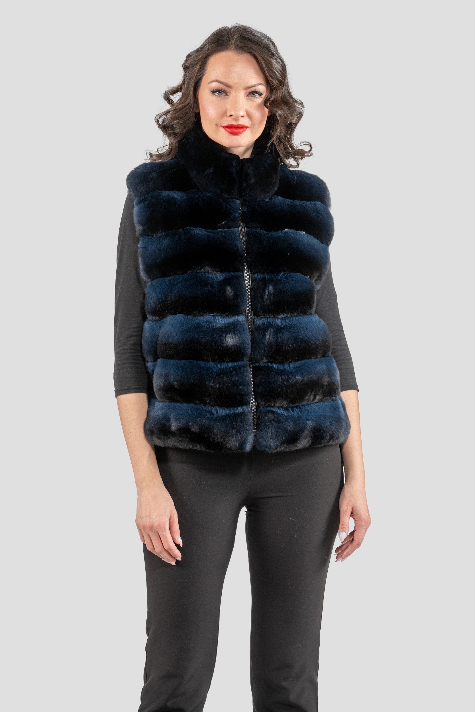 Chinchilla Fur Vest with Stand Collar and Mink Trim in Blue Black