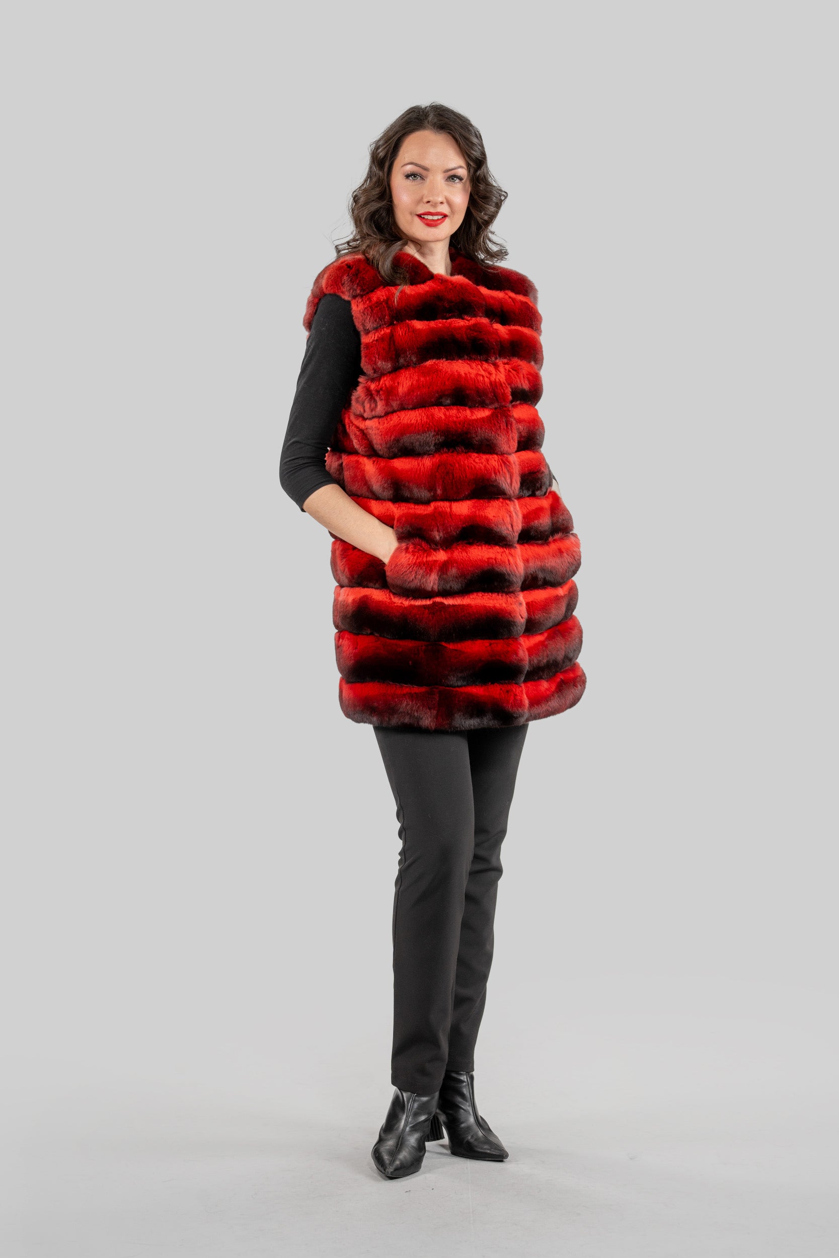 Collarless Crimson Red Chinchilla Vest