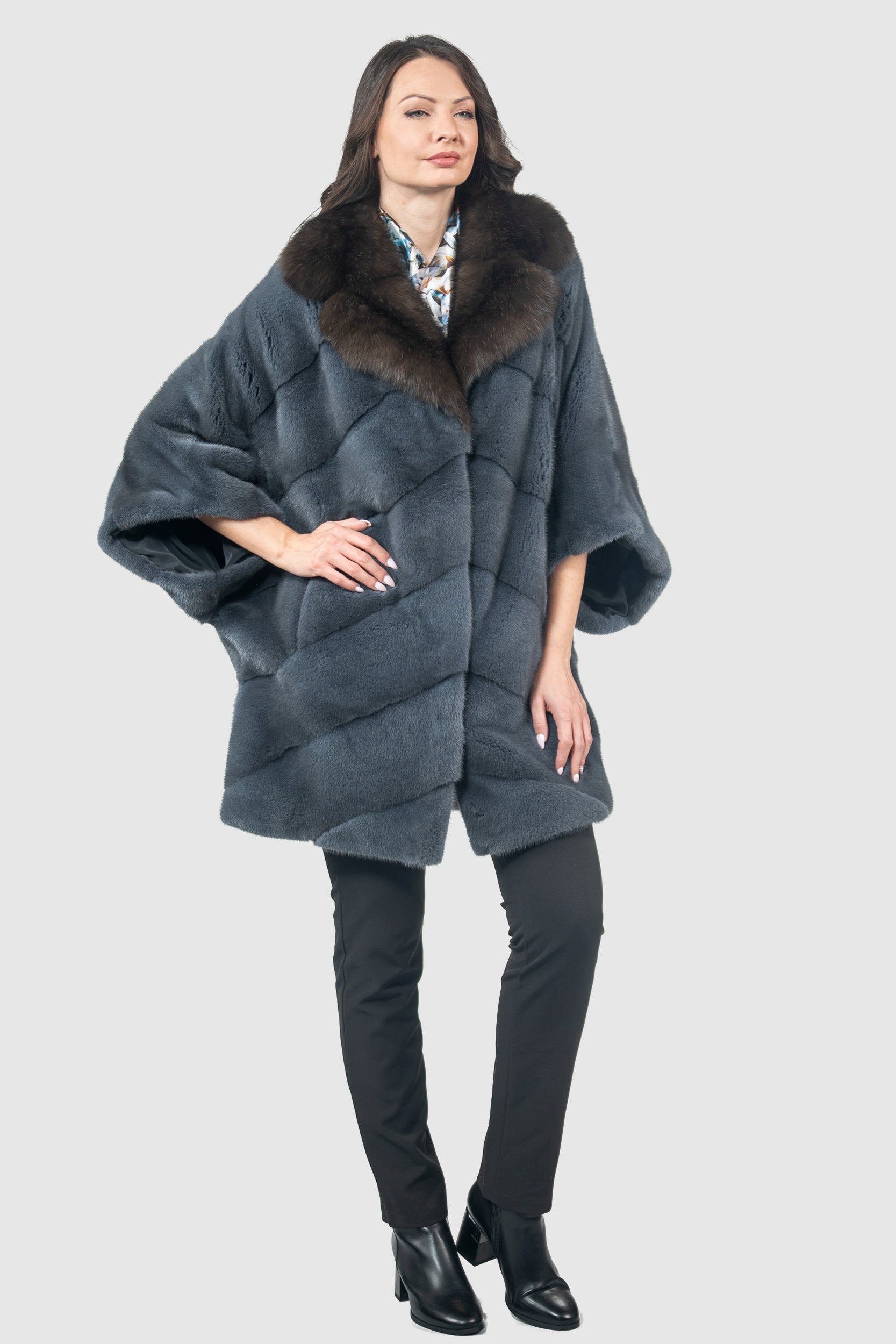 Asphalto Mink Cape with Russian Sable-Trimmed Notch Collar