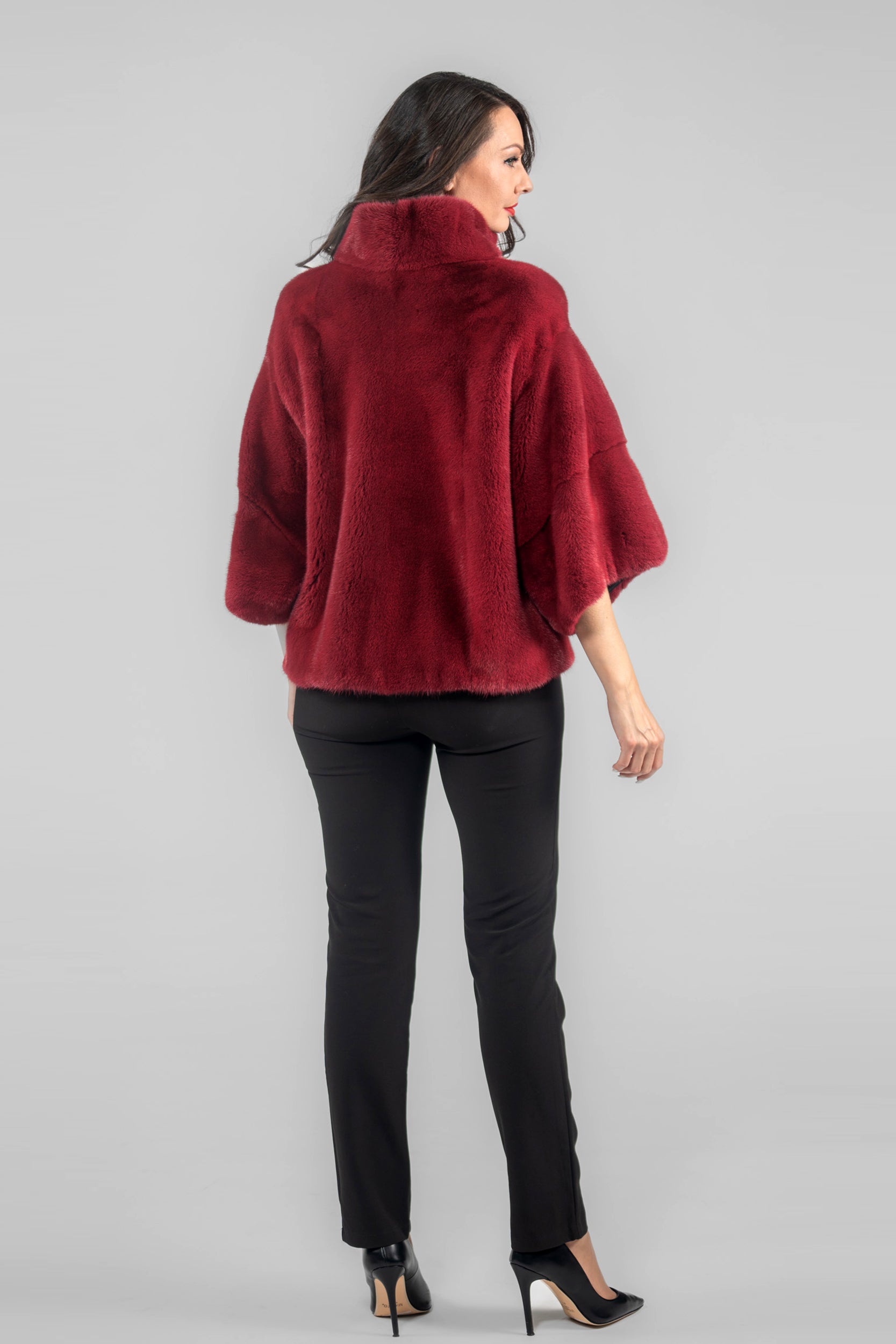 Cerise Mink Jacket with Stand Collar and Short Sleeves