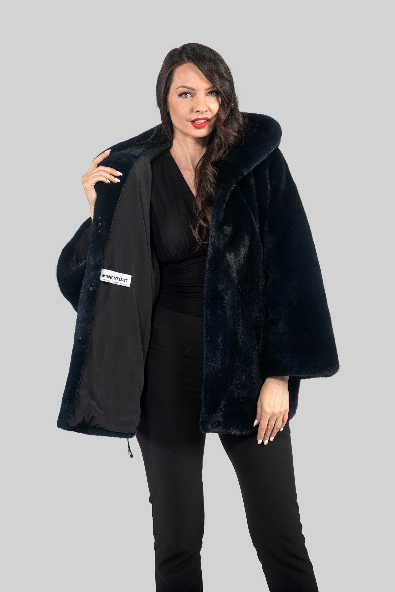Blue Black Mink Jacket with Hood