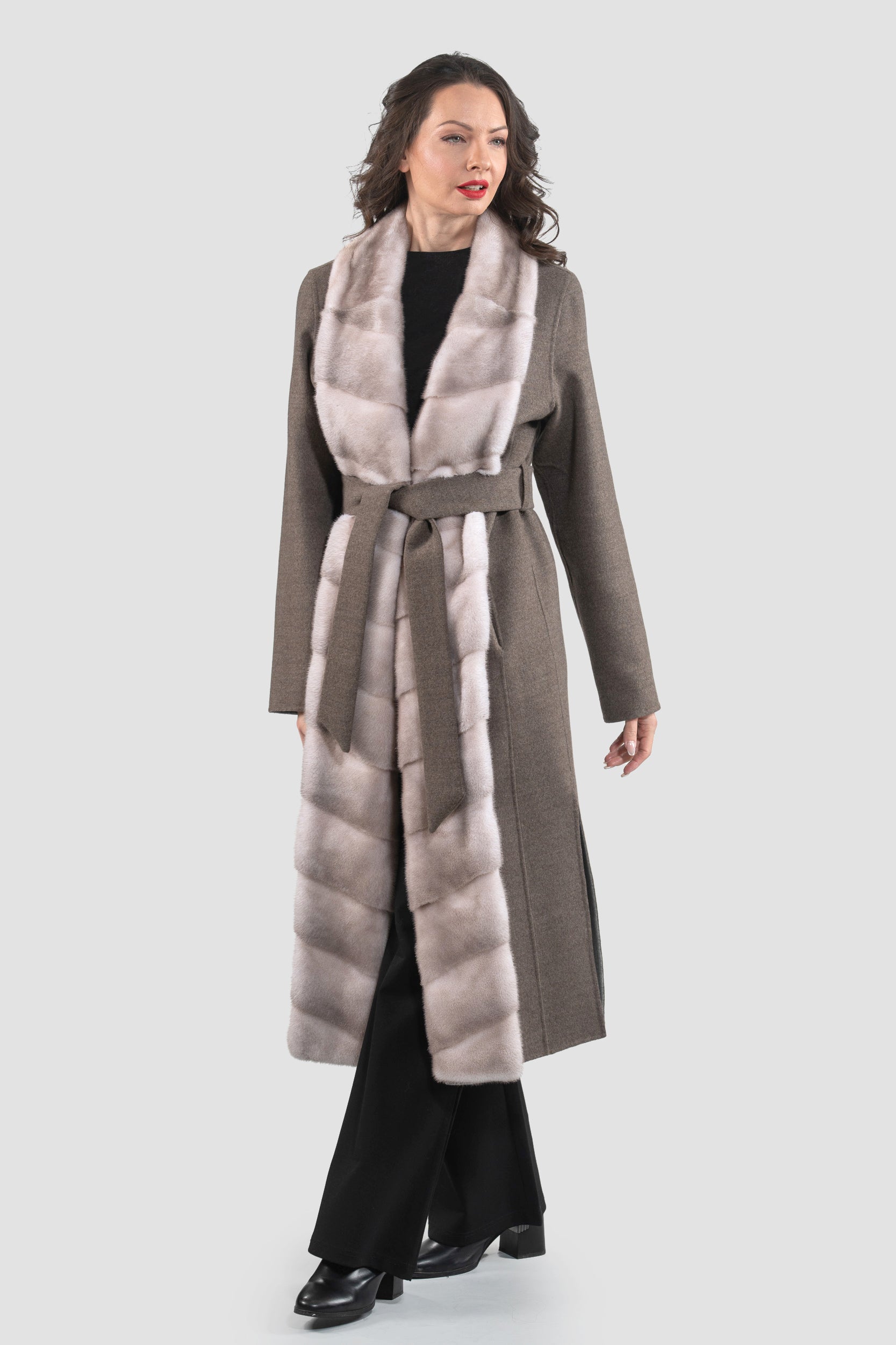Brown Grey Cashmere Coat with Mink Trim