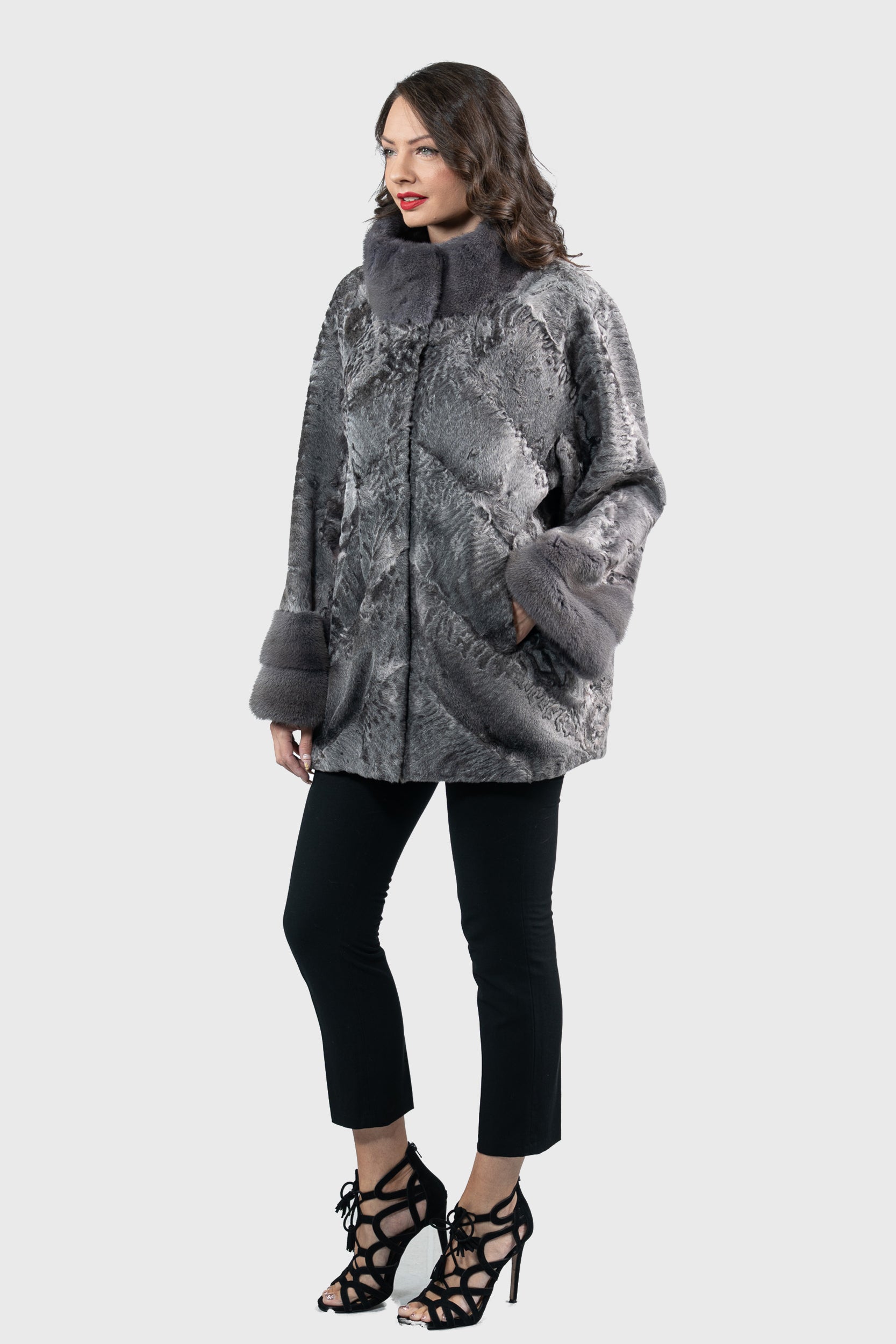 Grey Moon Swakara Half Coat with Mink Trim