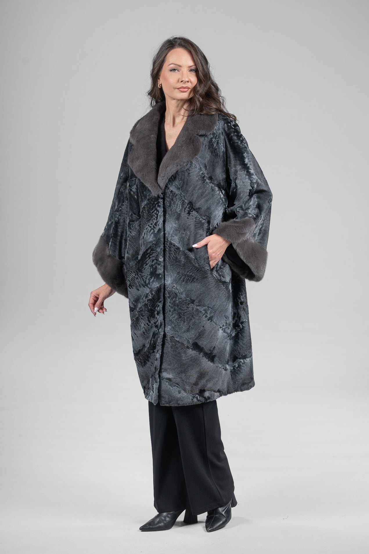 Acciaio Swakara Oversized Half Coat with Titanium Mink Trim