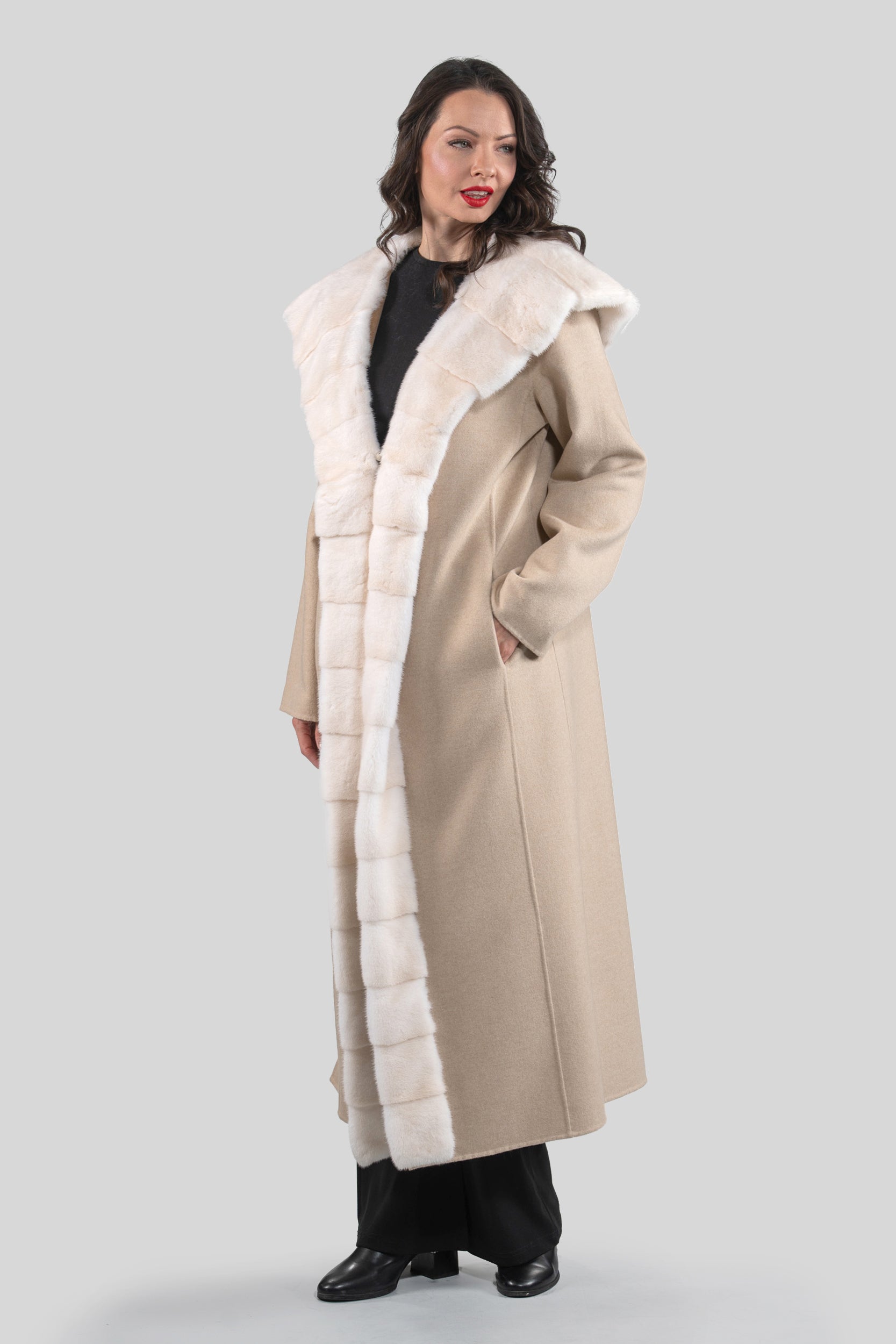 Ecru Beige Cashmere Hooded Coat with Mink Trim